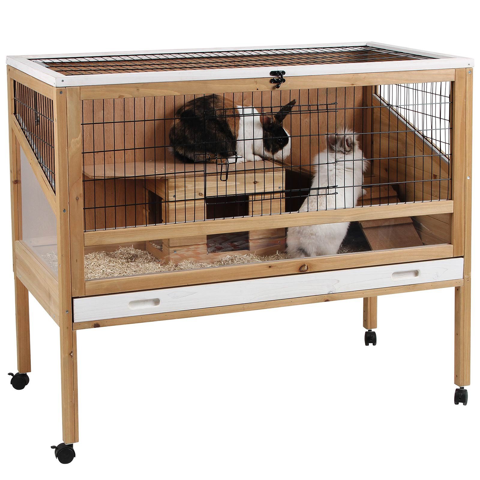 Kerbl Pet Kleintierkäfig Indoor Deluxe, Nagerkäfig, Kleintierstall, 115x60x92,5cm, Holz, Metallgitter, Hasen, Kaninchen, Meerschweinchen, Hamster, mit Holzhaus
