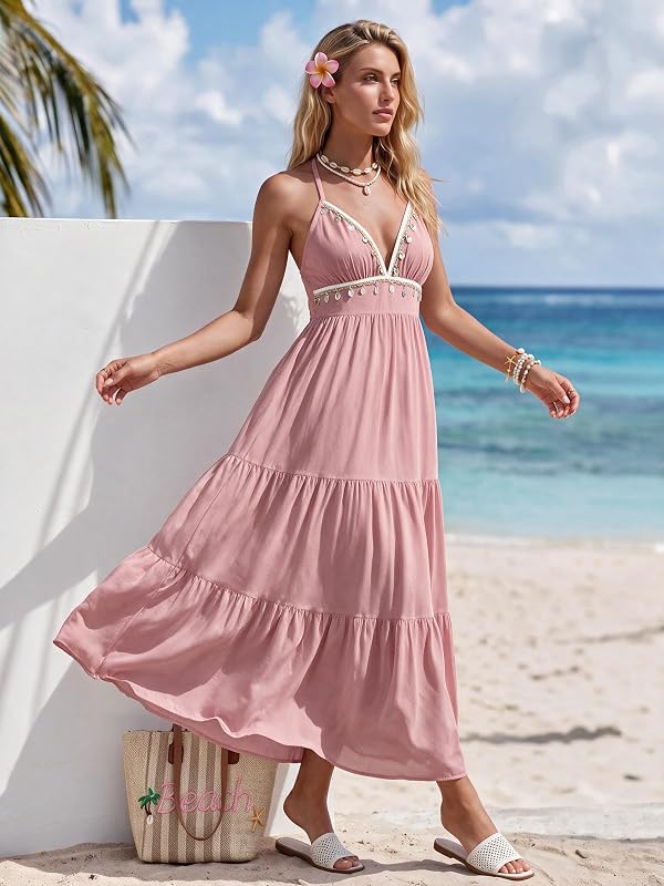 Boho Halter Maxi Dresses for Women Summer Flowy Beach Dress Pink M by Narecte - Used condition - Image 6
