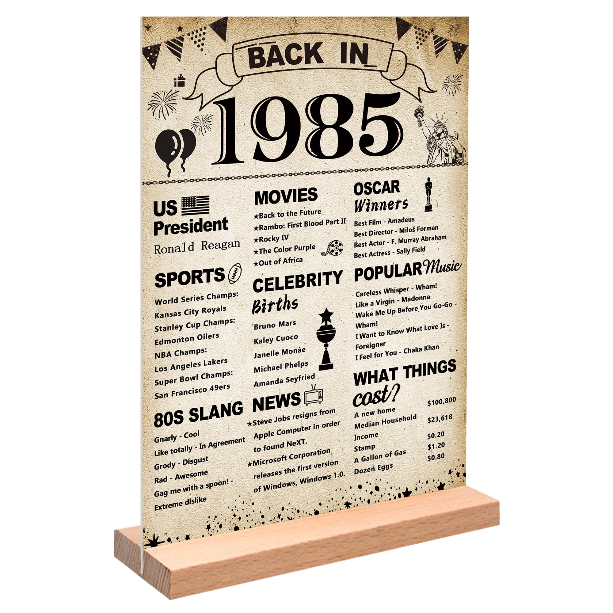 DARUNAXY 41st Birthday Party Decorations, Vintage Back in 1985 Poster Acrylic Sign with Stand 41 Year Old Party Supplies for Men&amp; Women Vintage 1985 Table Decor 41st Anniversary Class Reunion Gifts
