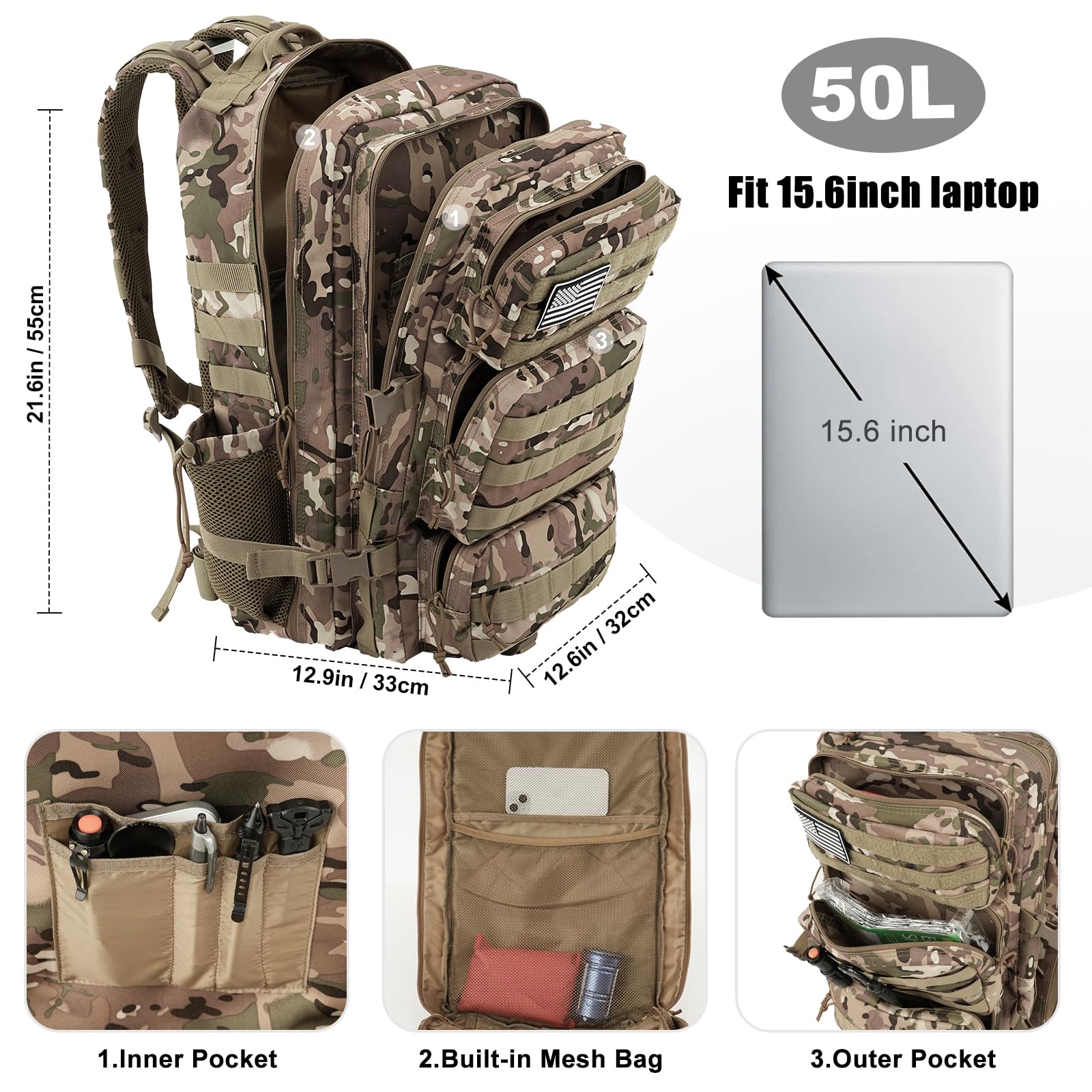 Military Tactical Backpack 50L Large Day Backpack for Men Molle Army 3 Days Assault Pack Bug Out Bag Water Resistant and Heavy Duty Hiking Treeking Rucksack - Camouflage