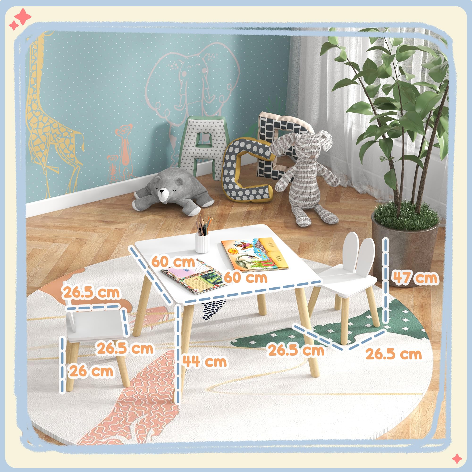 AIYAPLAY Ensemble Table et 2 chaises Enfant Table pour Enfant avec 2 chaises Design scandinave Motif Oreille de Lapin Bois pin Blanc