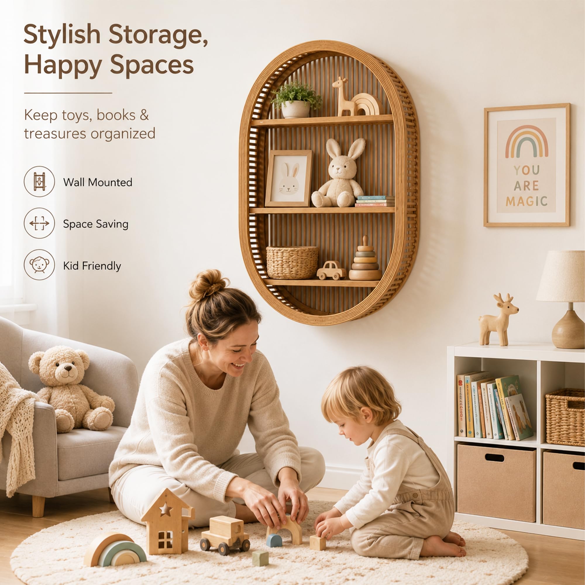 JSWHYBD Estante de Pared de ratán 3 Niveles, Organizador Decorativo Boho