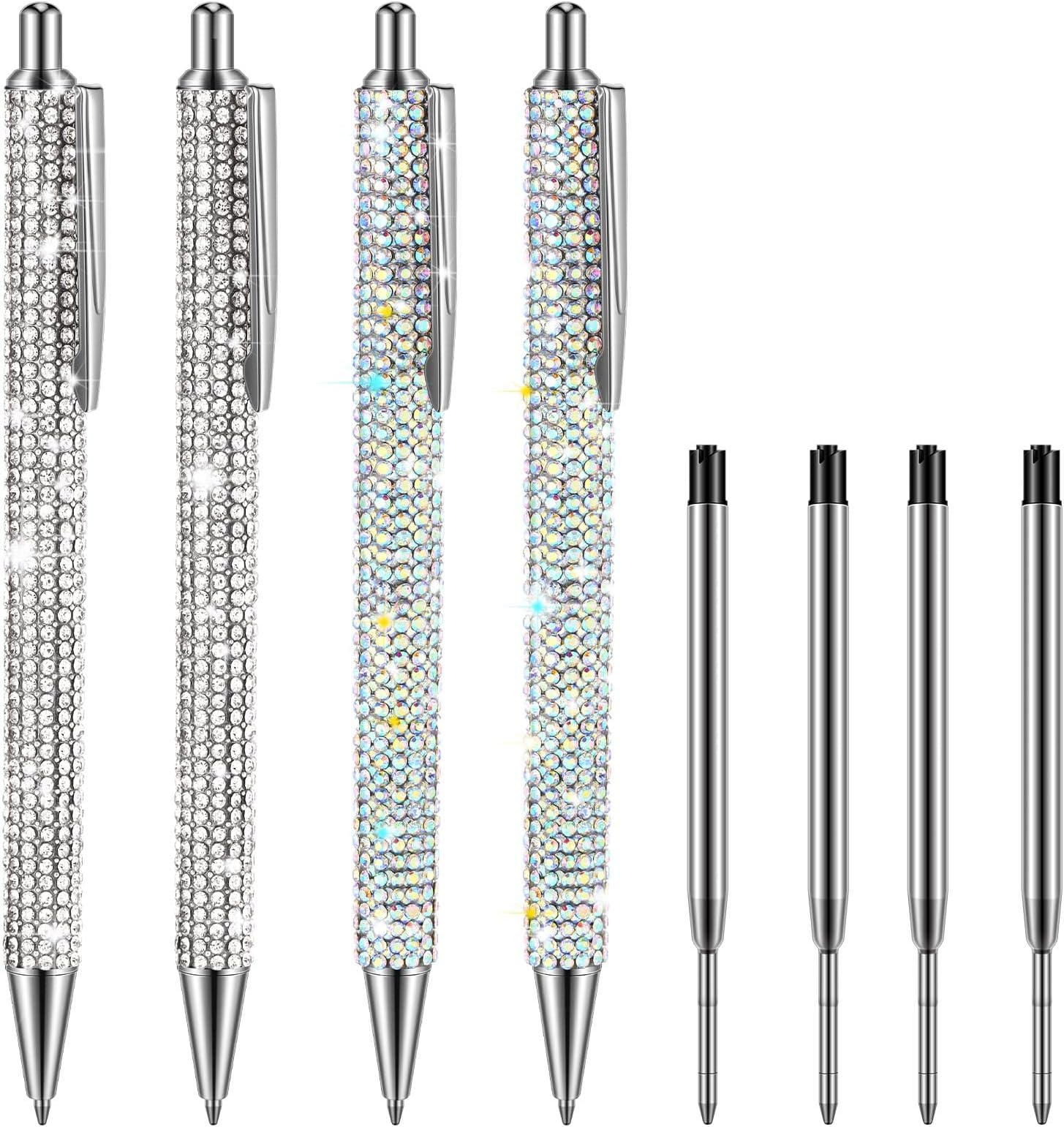 4 Pcs Bling Rhinestone Sparkly Pen for Women Diamond Crystal Glitter Metal Ballpoint Ink Pen with 4 Pcs 1.0mm Refills Desk Accessory for Girl Students Gift(Silver, AB Silver)