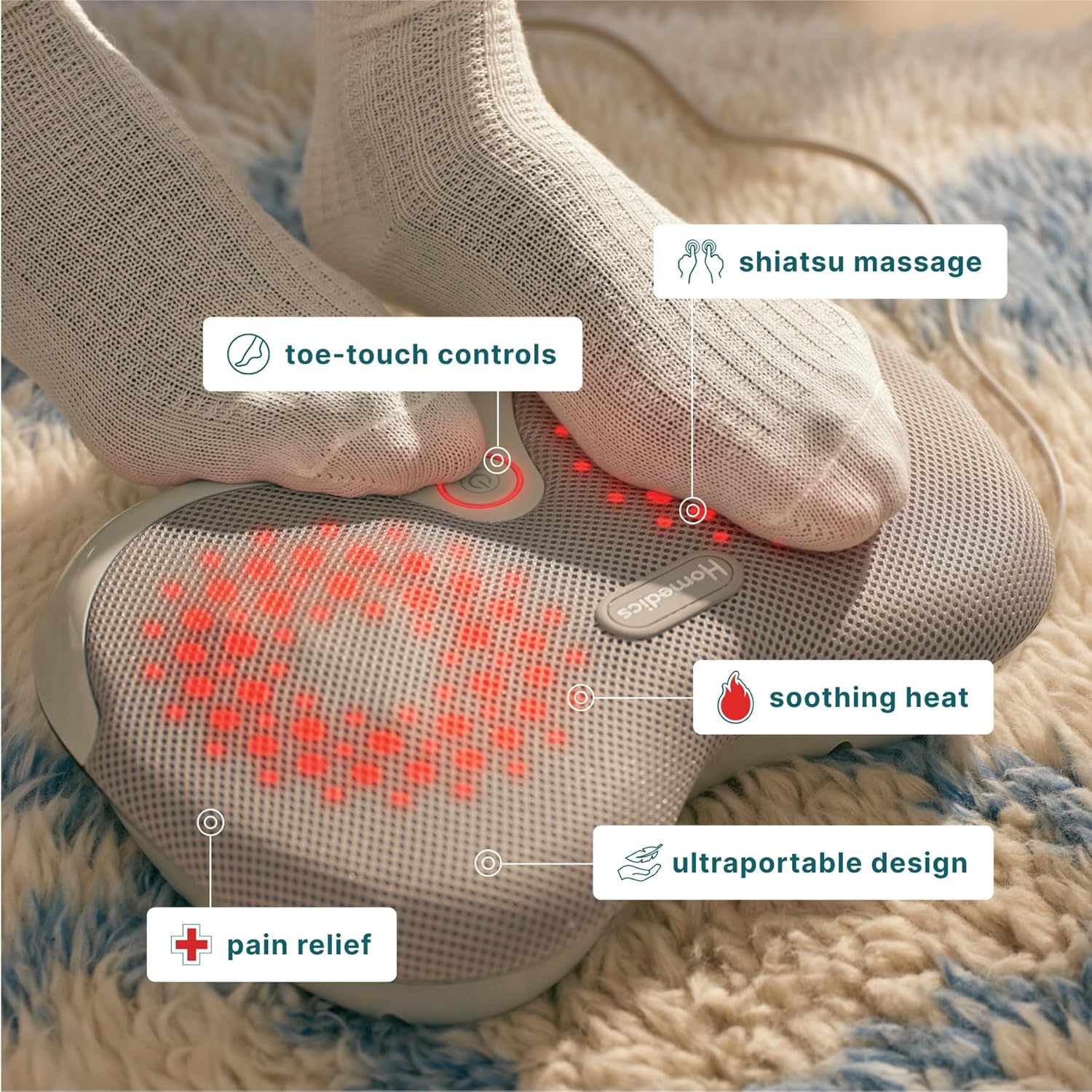 Homedics Dual Shiatsu Foot Massager with Heat, Deep-Kneading Massage, Pain Relief and Muscle Recovery, Relaxes Feet, Toe-Touch Controls, Soft Mesh Fabric, Portable for Home and Office