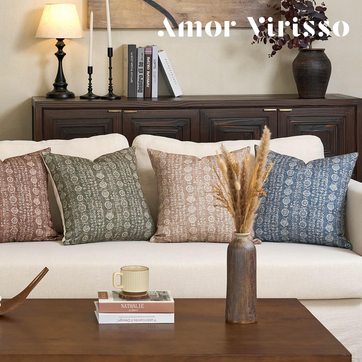 Amor Virisso Vintage Floral Throw Pillow Covers 18x18 Striped Farmhouse Block Print Pillow Cover Boho Neutral Decorative Pillows for Living Room Bed, Light Camel - Image 7