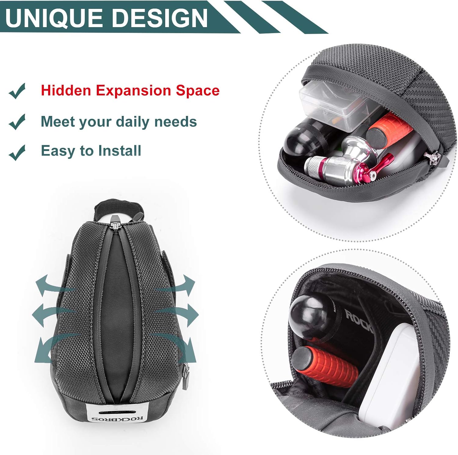 ROCKBROS Bike Saddle Bag, Bike Bag Under Seat, Strap-on Cycling Wedge Pack, Bike Seat Storage Bag for Mountain Road Bikes, 0.75L - Image 2