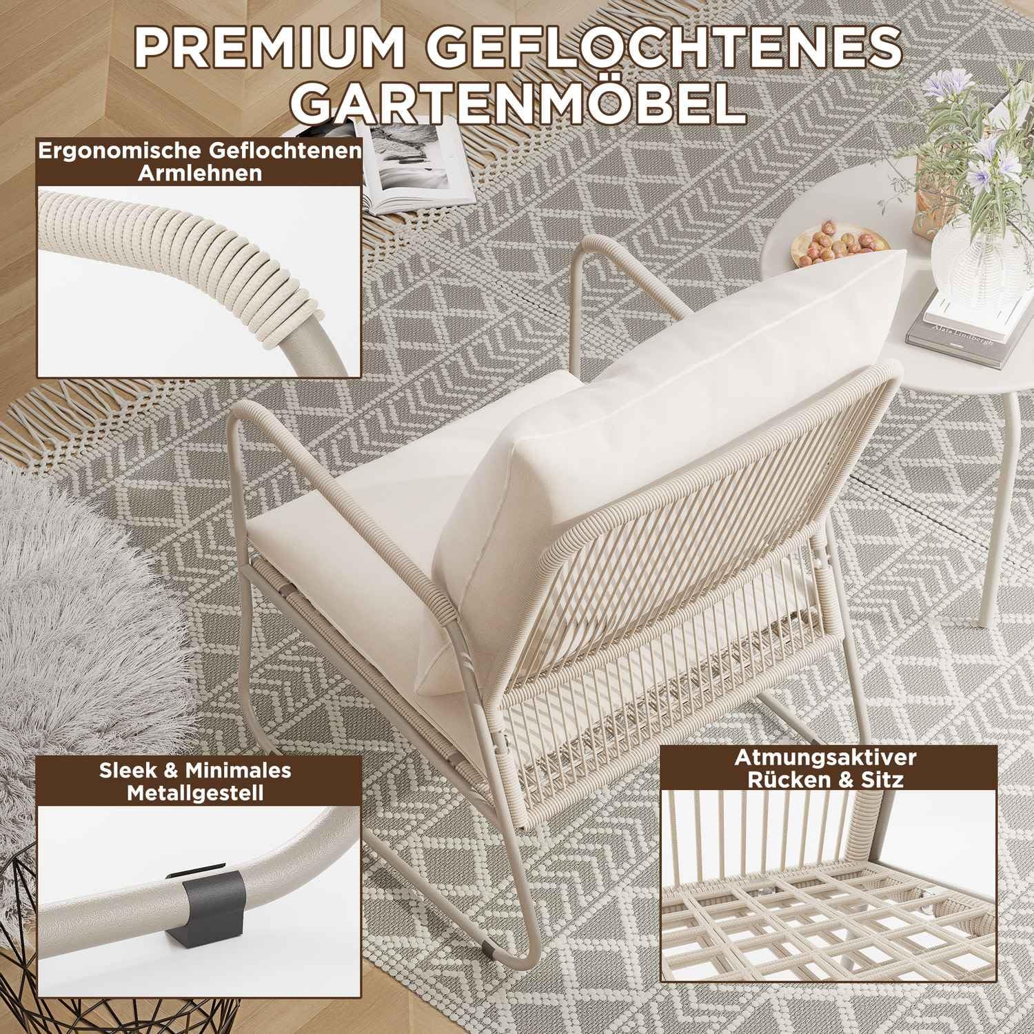 ALAULM 3-teilige Gartenmöbel-Set, Balkonmöbel aus Atmungsaktive PE-Rattan Gartenstühle mit Kissen & Runder Couchtisch, Balkonmöbel Set für Garten, Balkon, Terrasse(Beige)