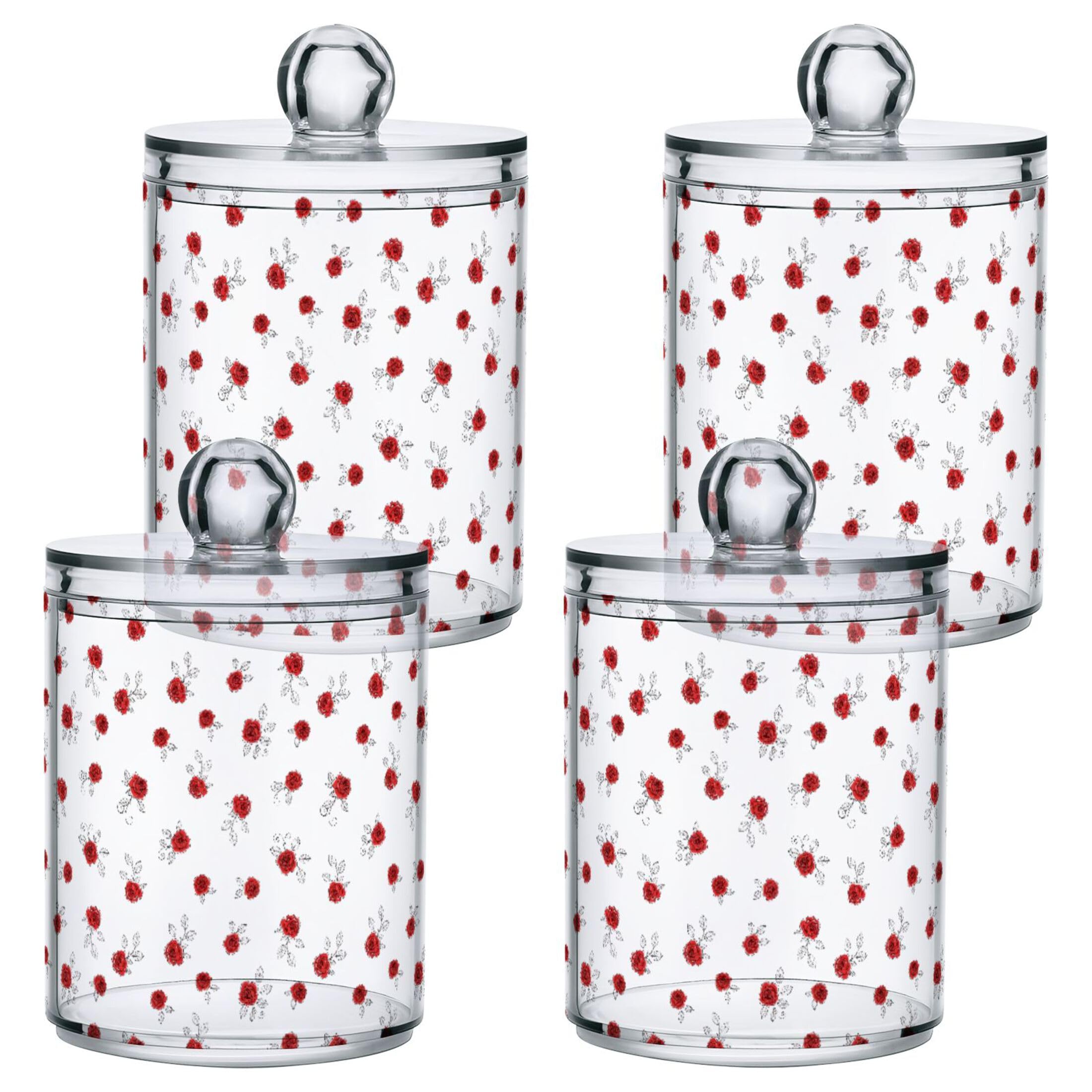 Fuauuyl Roses Qtip Holder Dispenser 4 Pack Plastic Apothecary Jar Storage Organization Bathroom Vanity Makeup Storage Organization For Cotton Ball Swab Pad