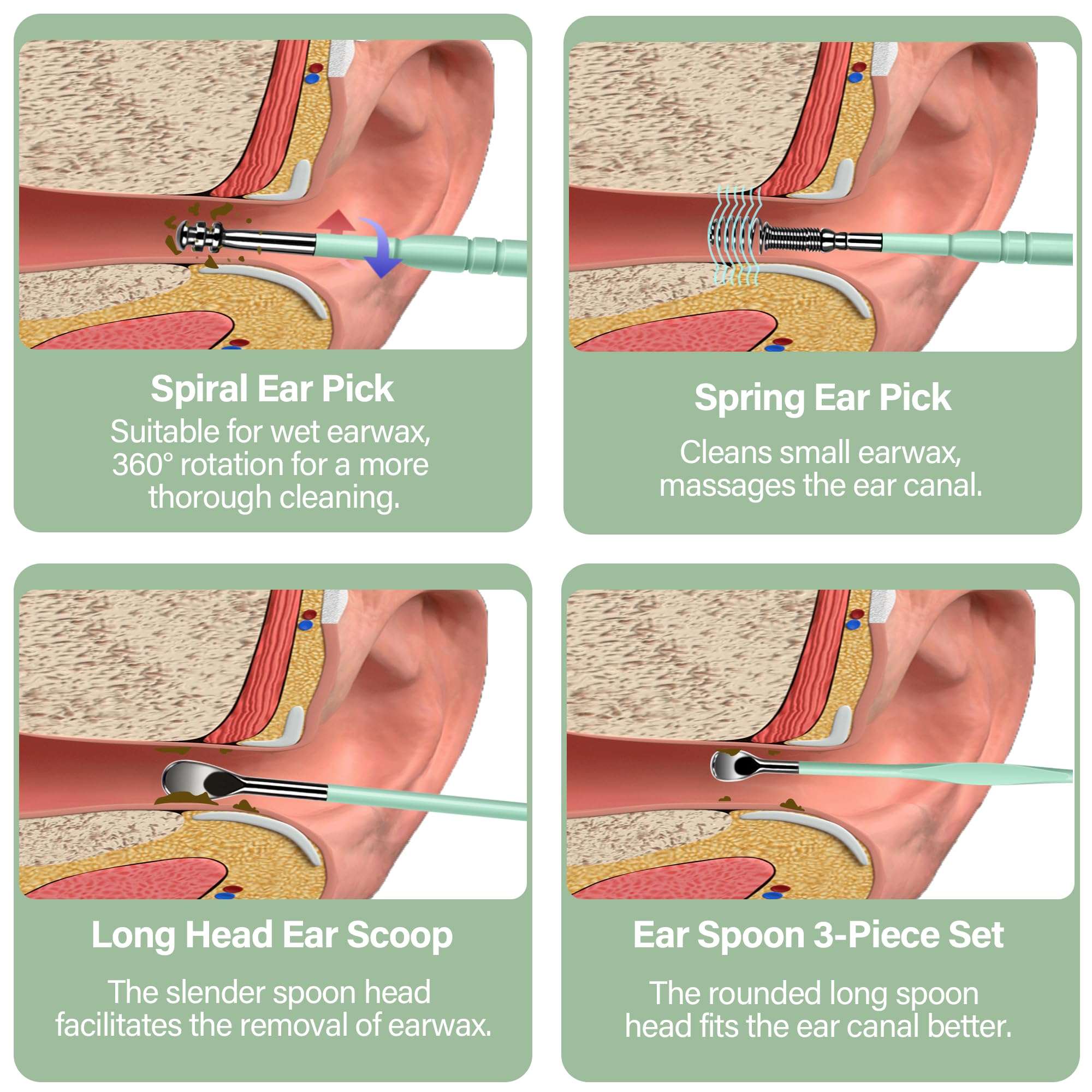 15 Pack Ear Wax Removal Tool Kit with Light - LED Ear Cleaning Kit, Ear Wax Removal for Kids and Adults, Ear Cleaning Tool, Ear Picker Spoon & Ear Tweezers & Spiral Spring Ear Spoon Green — Amazon image 5