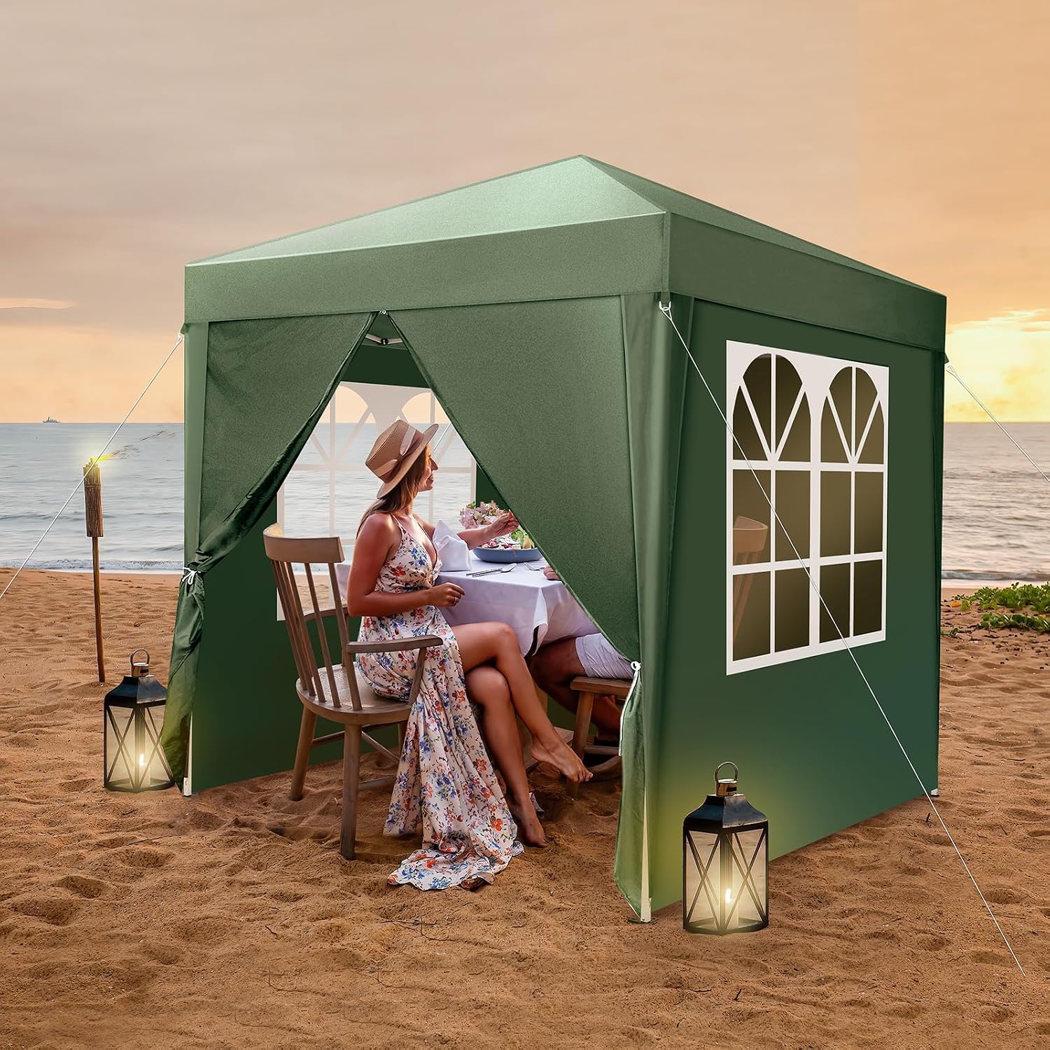 6.5x6.5 Pop Up Canopy with Sidewalls, Outdoor Small Canopy Tent with 4 Side Walls & Carry Bag, Waterproof Foldable Commercial Instant Canopy for Commercial Event, Party, Backyard (Green)