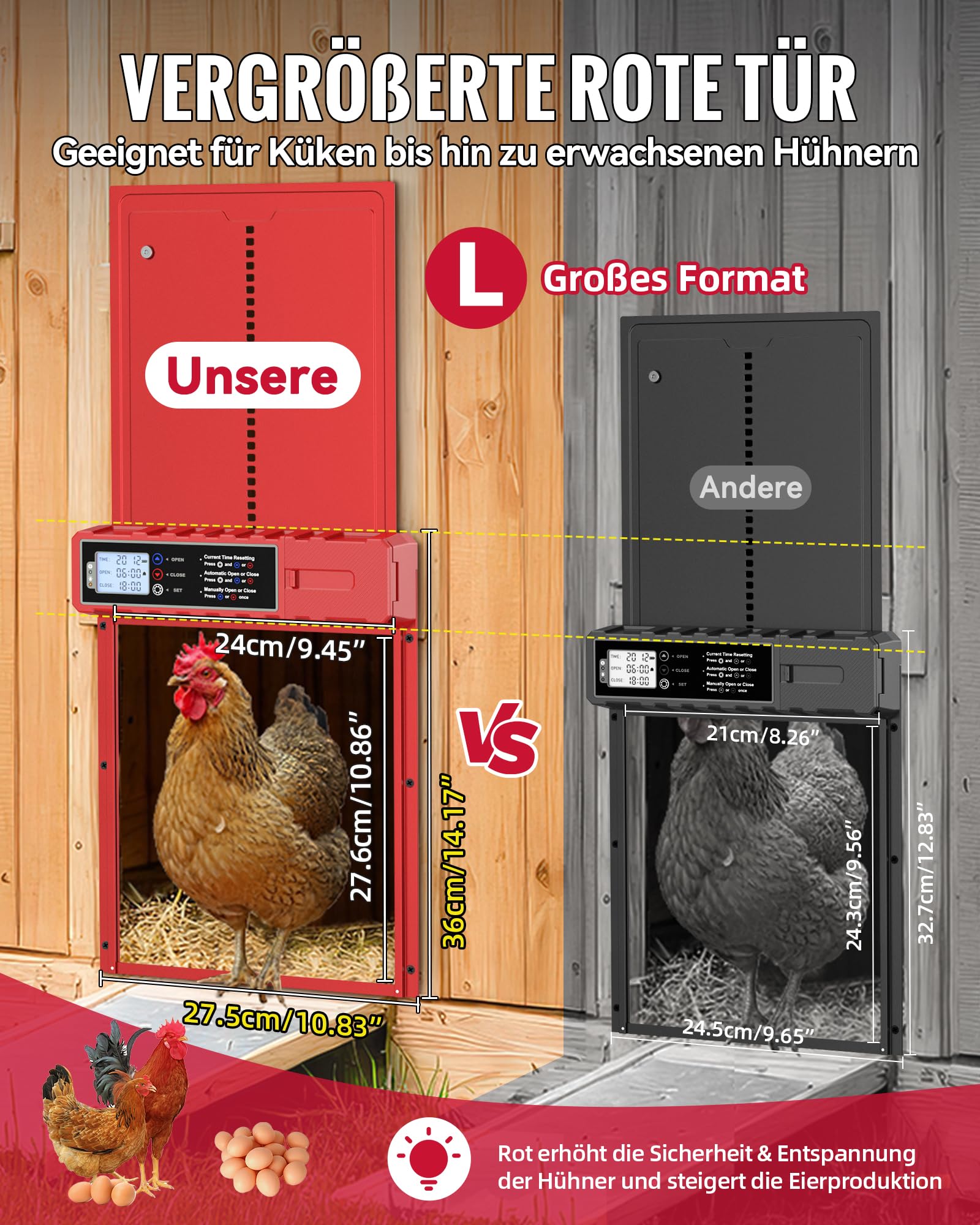 Automatische Hühnerklappe Solar in XL großer Größe 27,5 x 36 cm, Rote Hühnerstall mit USB-C-Ladung und 3 Modi, Antiklemmschutz und Wetterfestem Aluminiumlegierung