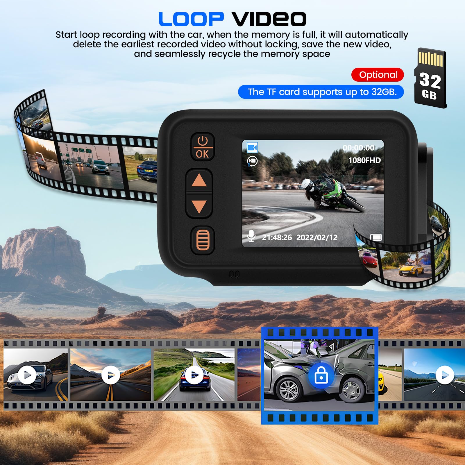 【Novedad 2026】 Camecho Dashcam 1080p para Moto con cámara Delantera y Trasera, Pantalla IPS HD de 2 Pulgadas, cámara para Moto con certificación IP65, Dash CAM para Motocicleta