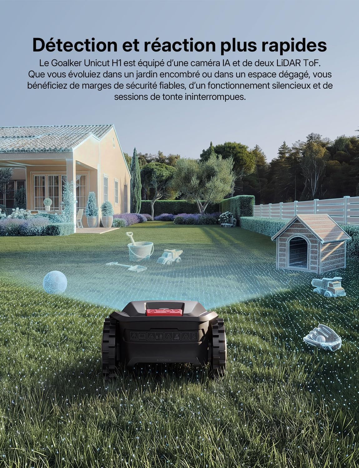 UNICUT H1 Robot Tondeuse sans Fil, Dual LiDAR, Vision par IA, 2000㎡ | Dual LiDAR à l'état Solide, 4G Intégré, Contrôle APP, Système de Coupe Flottante, Compatible avec Google Home et Alexa