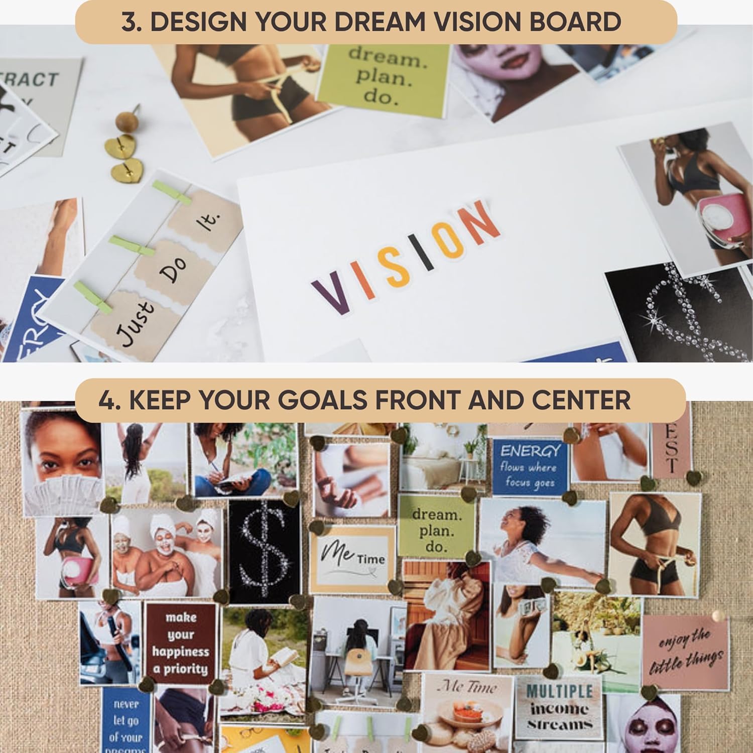 Vision Board Book for Black Women | 1000+ Vision Board Supplies, Pictures, Quotes & Letter/Number Stickers | Magazine-Style Clip Art Collage Book for Goal Setting & Manifestation