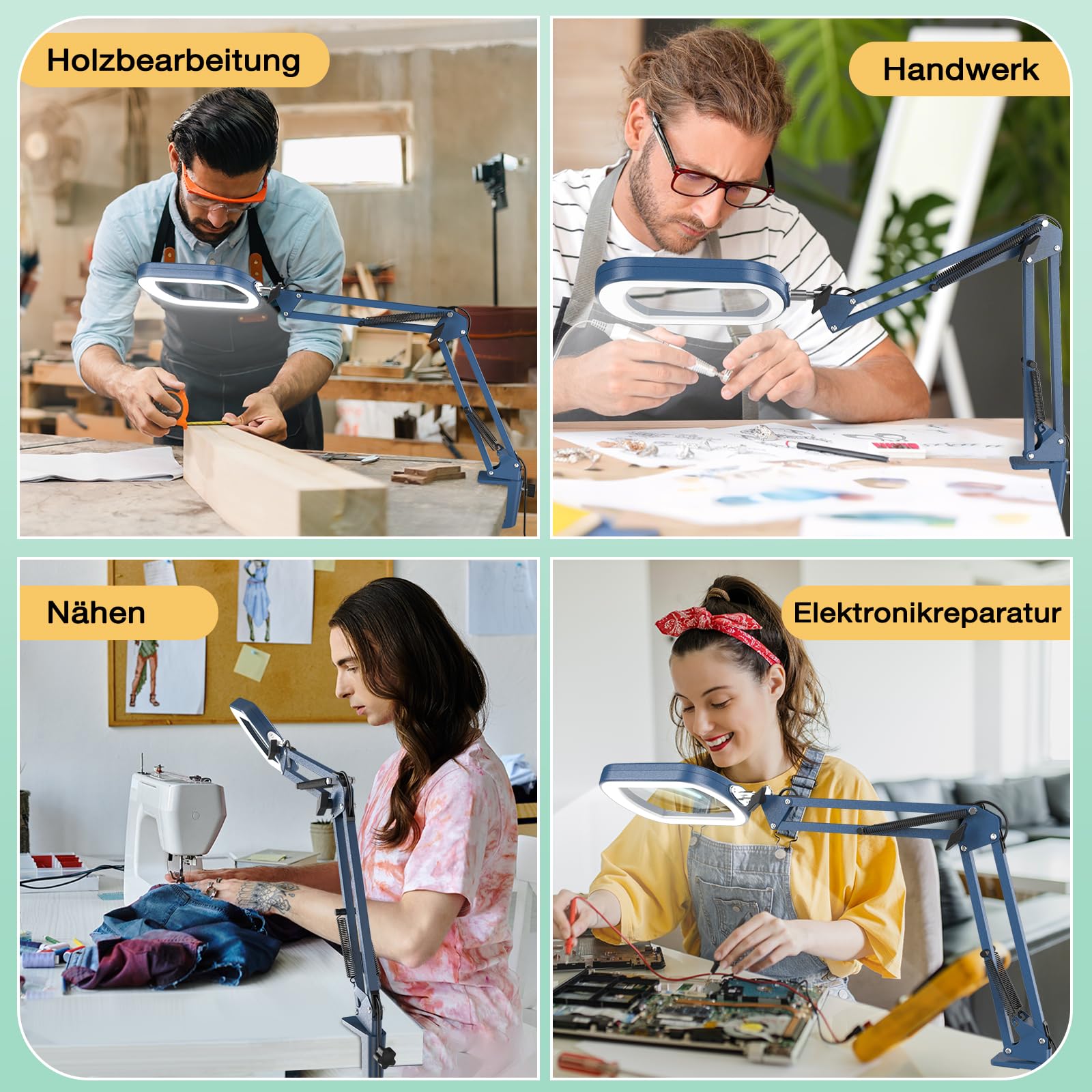 Lupa 10X con luz y abrazadera, cristal auténtico soporte de iluminación, 5 modos de color y regulable sin niveles, lámpara de escritorio LED manos libres para manualidades, aficiones, lectura, pintura