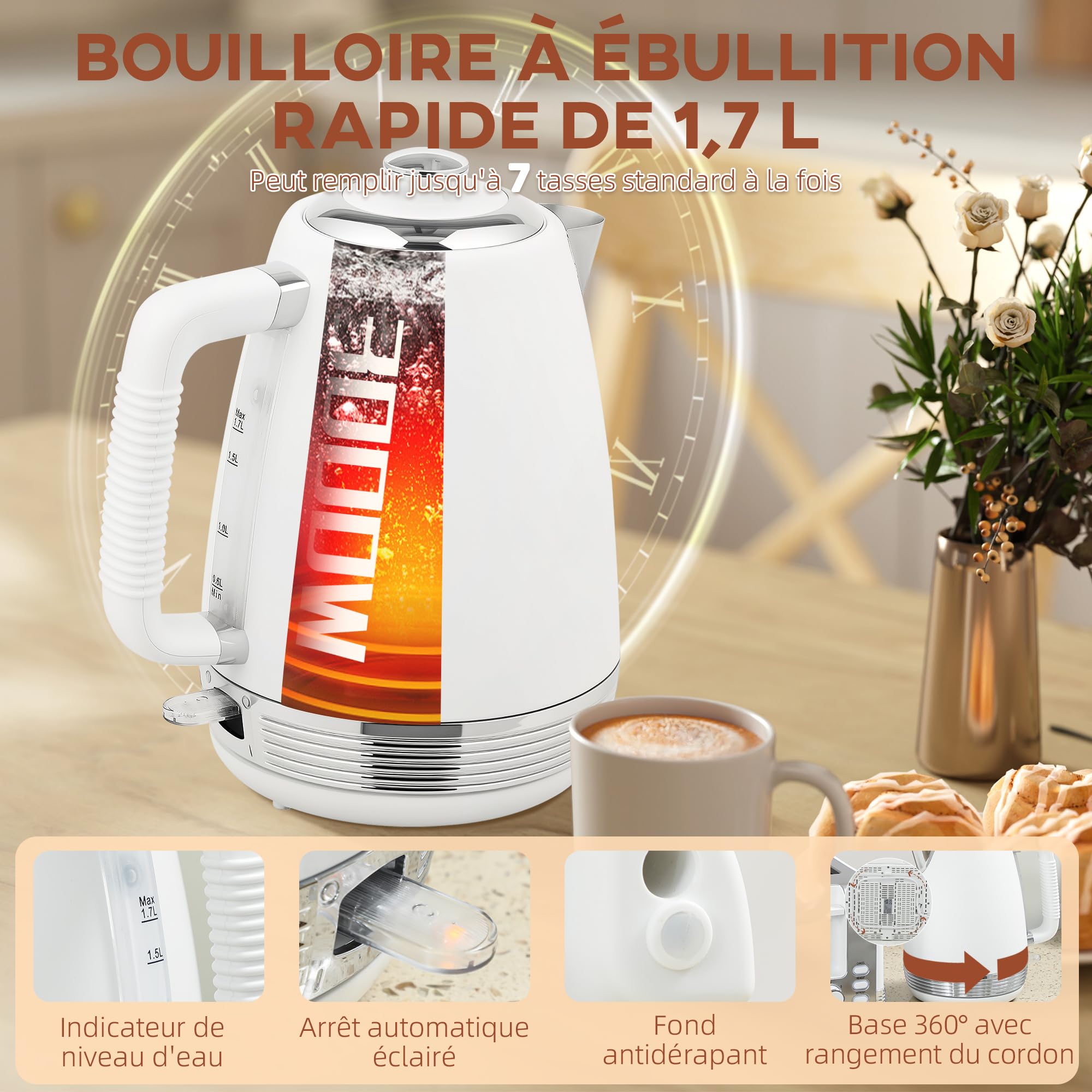 HOMCOM Ensemble bouilloire et grille-pain en inox 2200 W et 1,7 L, grille-pain 4 tranches, 7 niveaux de brunissage, chauffage rapide, thermostat Strix, filtre anticalcaire et plateau à miettes, blanc