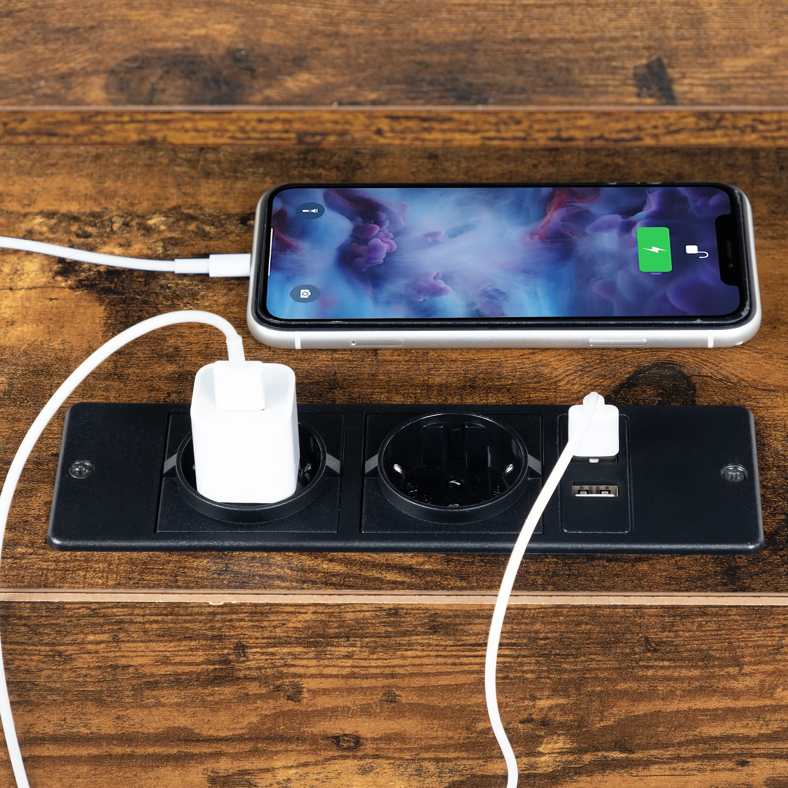 HOOBRO Stolik nocny z listwą zasilającą 2 AC 1 USB-A 1 Type-C 2 szuflady rustykalny brąz czarny