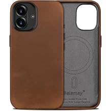 Belemay Handcrafted Crazy Horse Leather Case for iPhone 16, Compatible with MagSafe, Vintage Aesthetic, Two-Tone Effect, Unique Patina, Camera Control Button, Metal Buttons 6.1", Vintage Brown