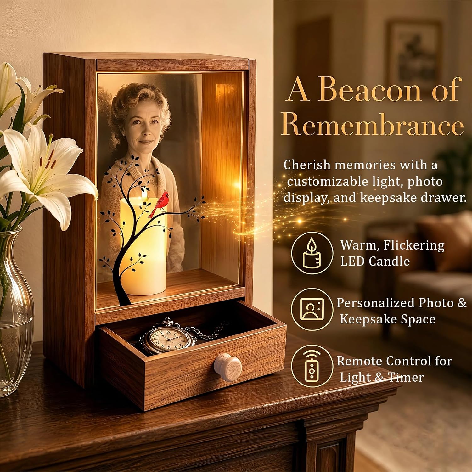 Sympathy Gift Loss of Loved One, Memorial Frame LED Candle Drawer 5x7 Brown