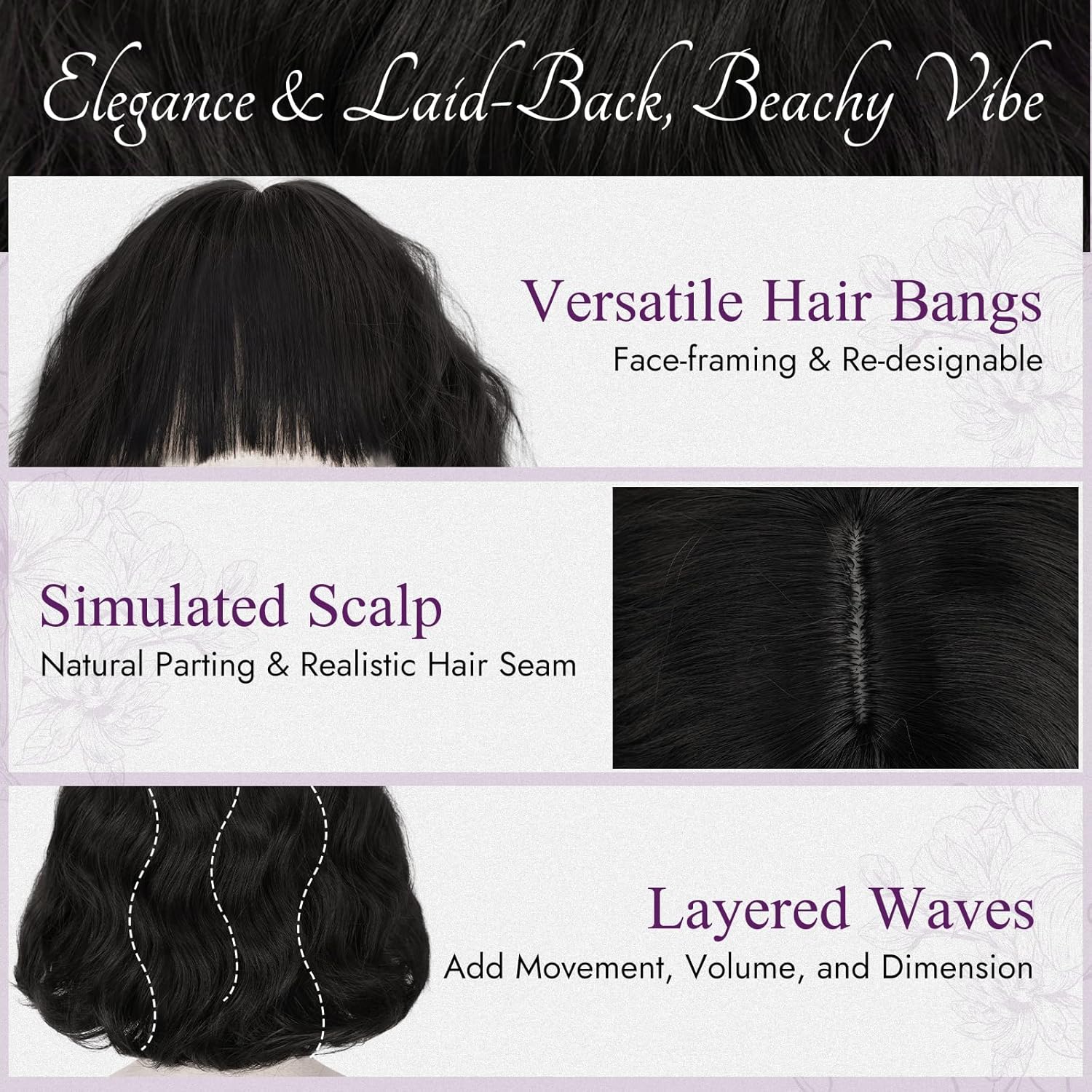 BARSDAR Dark Brown Short Wavy Wig with Bangs - Short Curly Dark Brown Wigs for Women - Wavy Textured French Bob Wig with Bangs Soft Synthetic Natural Looking Face-Framing Daily - Image 4