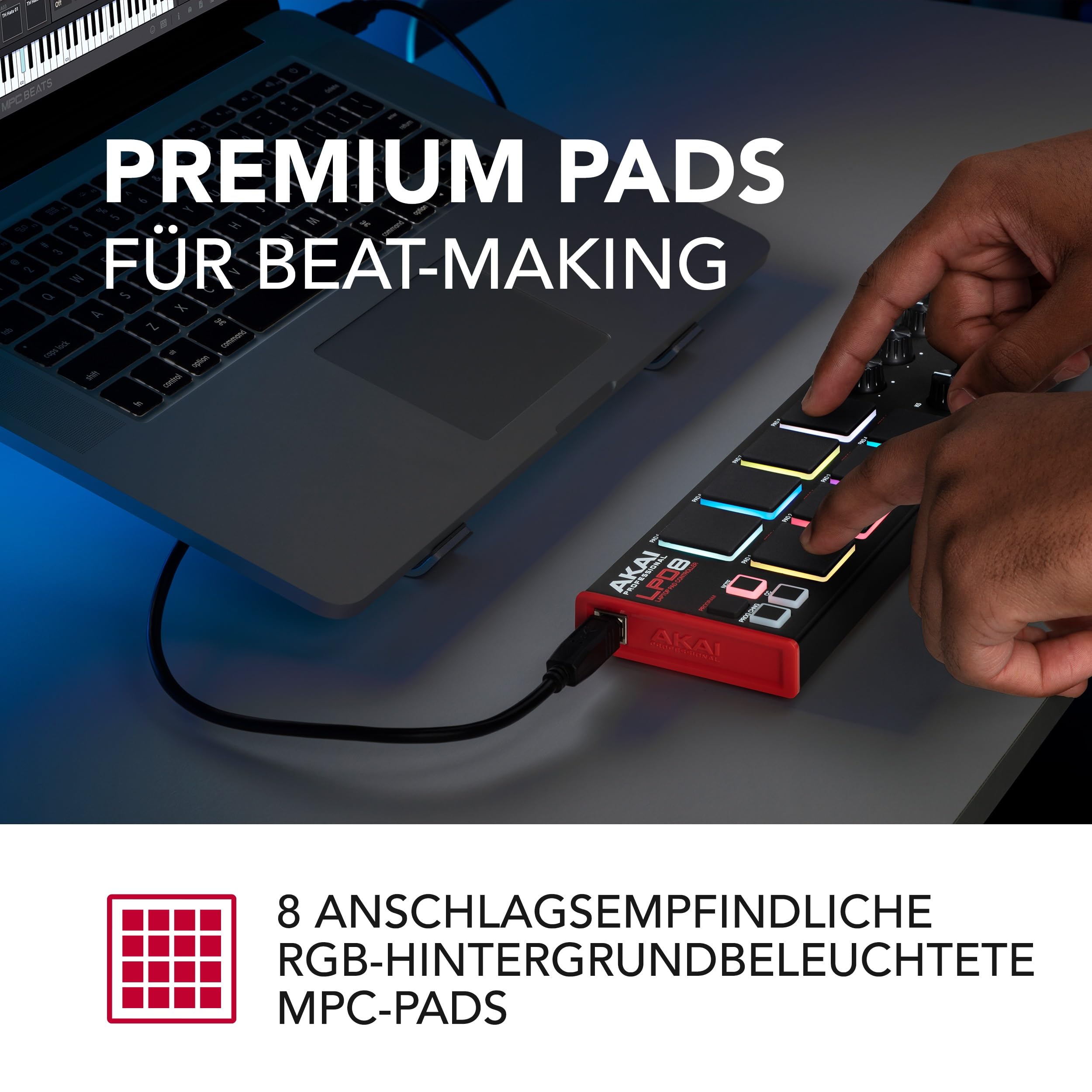 Akai Professional LPD8 - USB MIDI Pad Controller Drum Machine mit MPC Drum Pads für Mac und PC, Zuweisbaren Drehreglern und Musikproduktionssoftware