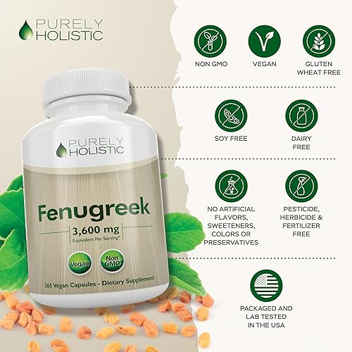 Miniatura 5 de Purely Holistic Cápsulas de fenogreco de 3600 mg - 365 cápsulas veganas - Suplemento de lactancia - de semillas de fenogreco - Extracto concentrado