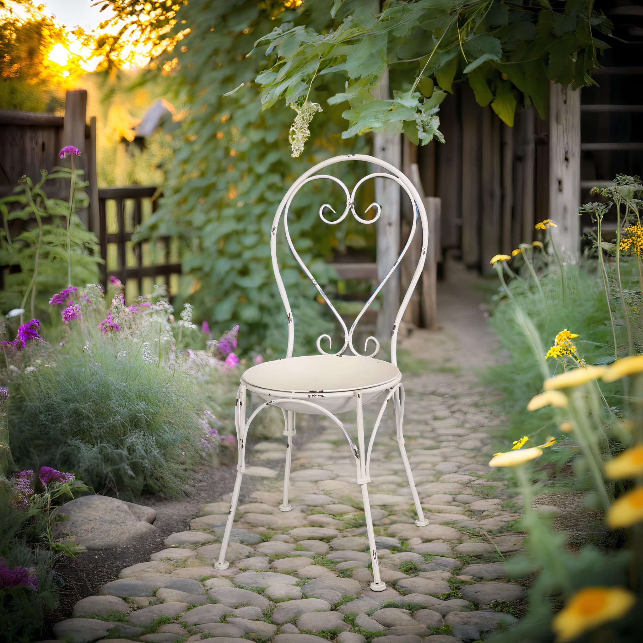 ecosoul Chaise décorative en métal pour plantes - Jardinière - Abreuvoir pour oiseaux - Style shabby / vintage - Dimensions (H x l x P) : 89 x 42 x 52 cm - Métal laqué blanc antique ou marron foncé