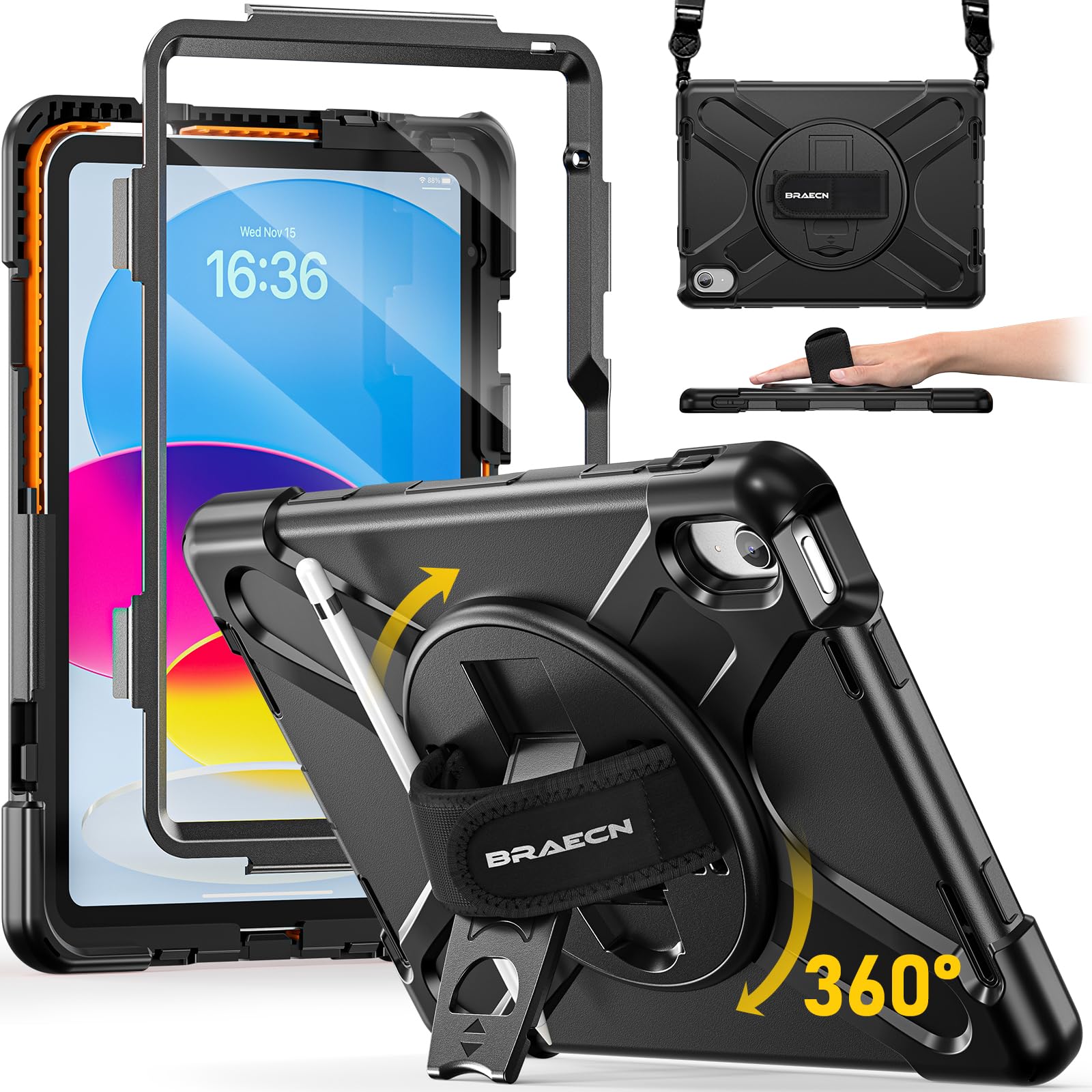 BRAECN für iPad (A16) 11/10 Generation Hülle, 2025/2022 11/10,9 Zoll, Robuste Stoßfeste Schutzhülle mit Displayschutz, 360° Drehbarer Handgurt und Ständer, Stifthalter, Schultergurt, Schwarz