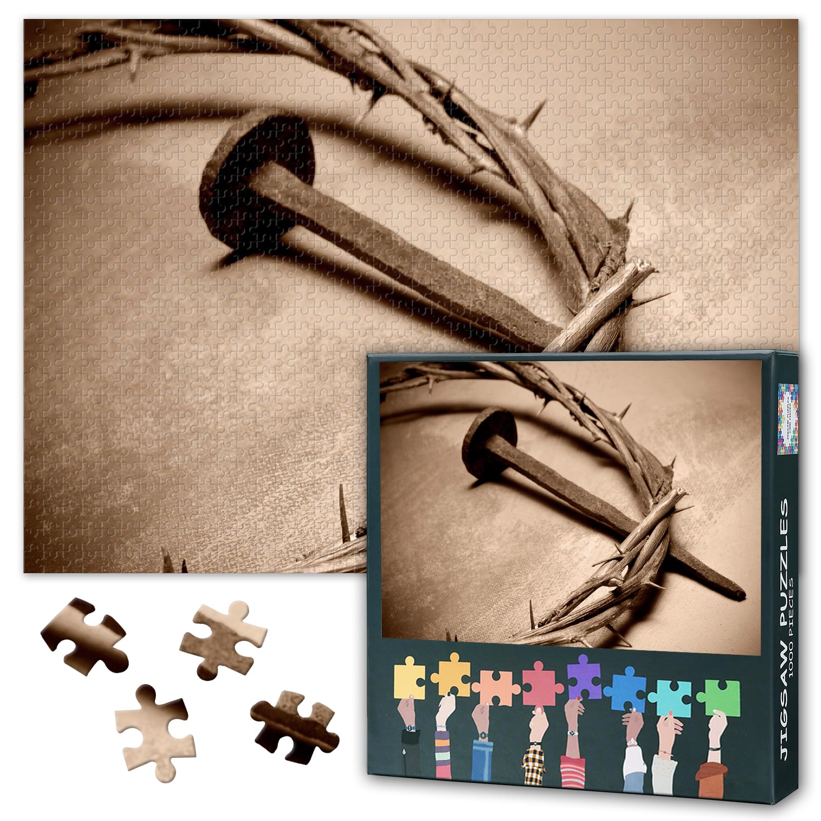 1000 Pieces Jigsaw Puzzle for Adults Jesus Christ Portrait Crown of Thorns and Nail Religious Wall Art Good Friday Easter Holy Week Reflective Puzzle 27.5x19.7 Inch