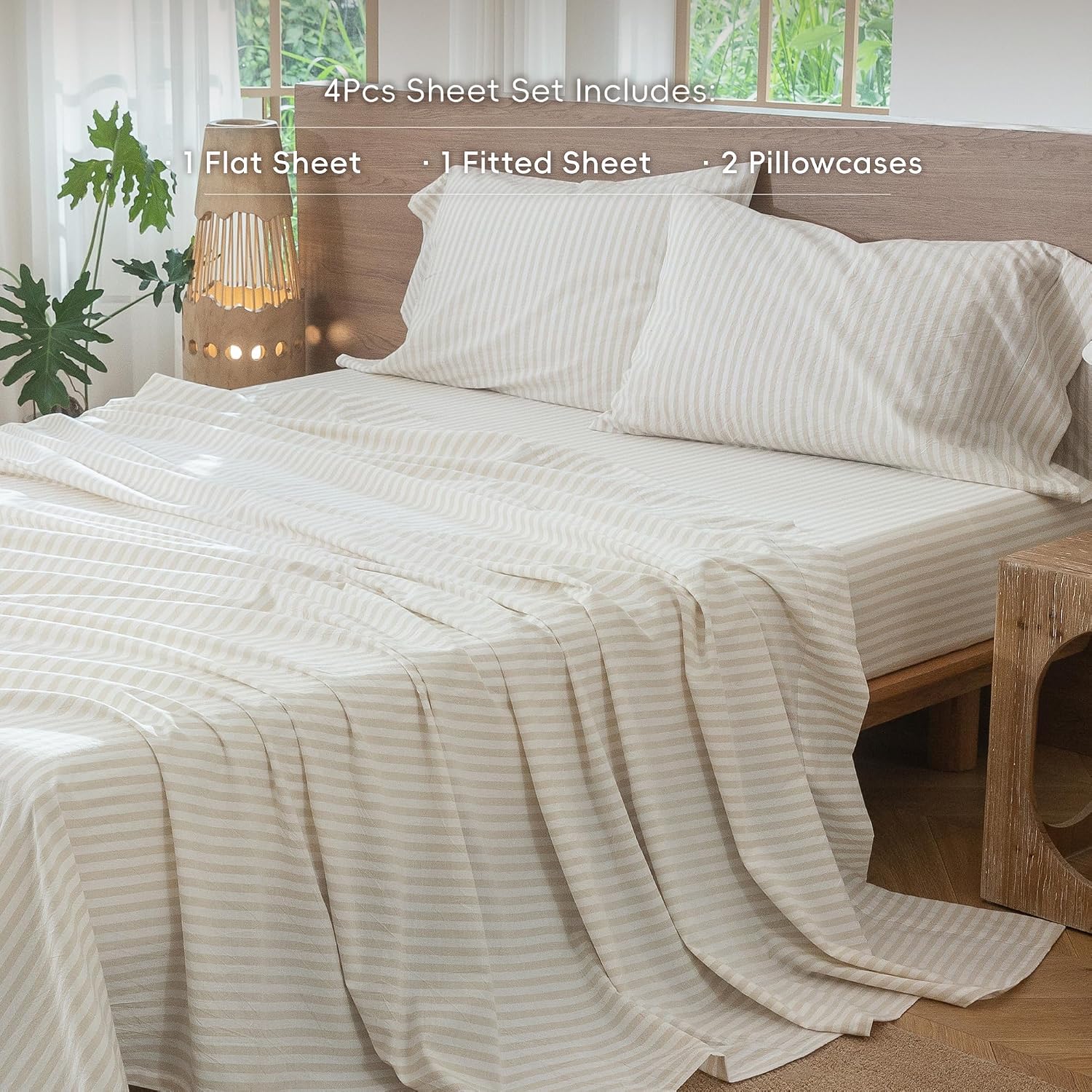 MooMee Striped Sheet Set 100% Washed Cotton Linen Like Textured Breathable Durable Soft Comfy (Almond Milk Grey Classic Stripes, Queen) thumbnail