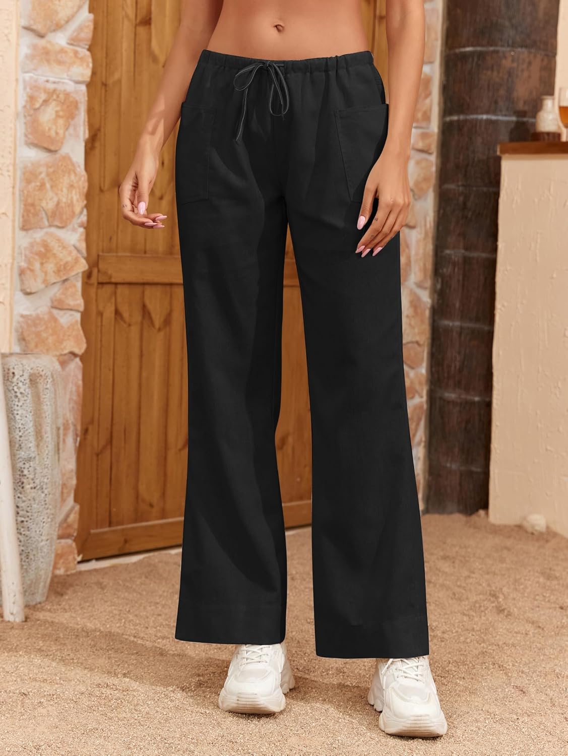 Famulily Womens Linen Pants Summer Wide Leg Casual Loose Drawstring Low Waist Palazzo Pants Lined Trousers with Patch Pockets - Image 3