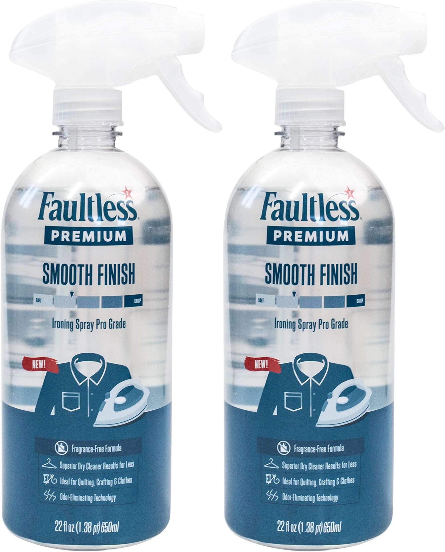 FAULTLESS Spray Starch Smooth Finish 22 Oz, 2 Pack Trigger Pump Liquid Starch for Ironing, Non-Aerosol Spray on Starch, Reduces Ironing Time, No Flaking, Sticking or Clogging, Biodegradable Ingredients, Recyclable