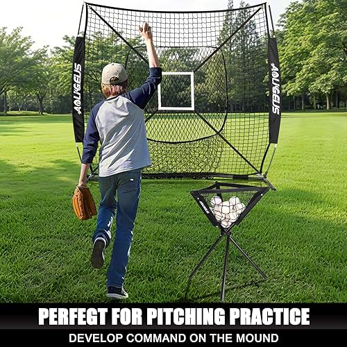 Miniatura 5 de Red de práctica de sóftbol de béisbol de 6 x 6 pies con camiseta de bateo y organizador de bolas, objetivo de zona de golpe de bonificación y marco