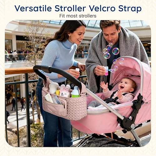 Miniatura 2 de mommore Organizador de cochecito con portavasos con aislamiento, carro auxiliar ajustable con bolsa desmontable para teléfono, accesorios para