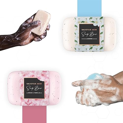 Miniatura 9 de Barra de jabón de ácido salicílico, paquete de 2, jazmín, rosa y vainilla, jabón facial limpiador y exfoliante de ácido salicílico  Jabón facial de