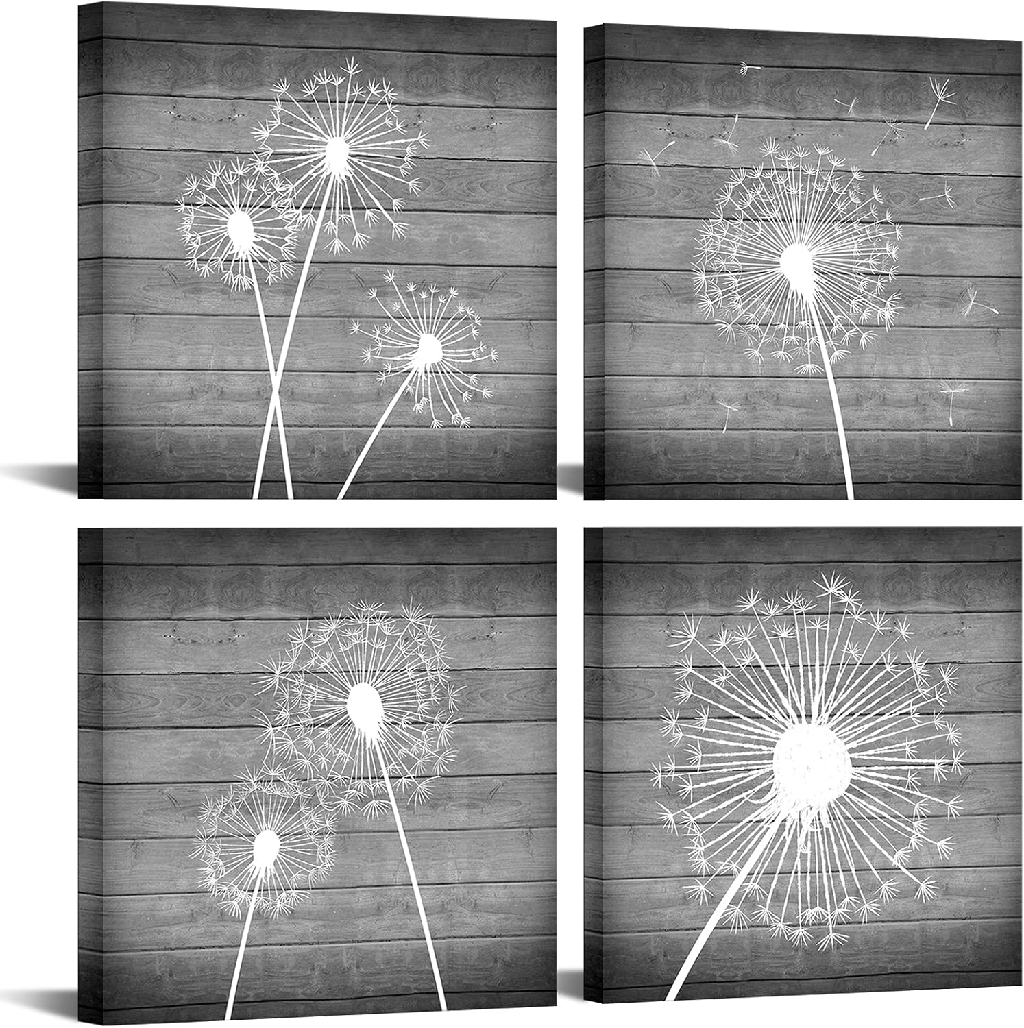 sechars Dandelion Canvas Wall Art White and Grey Paintings Picture Decor Modern Bedroom Bathroom Decorations (12x12inchesx4pcs)