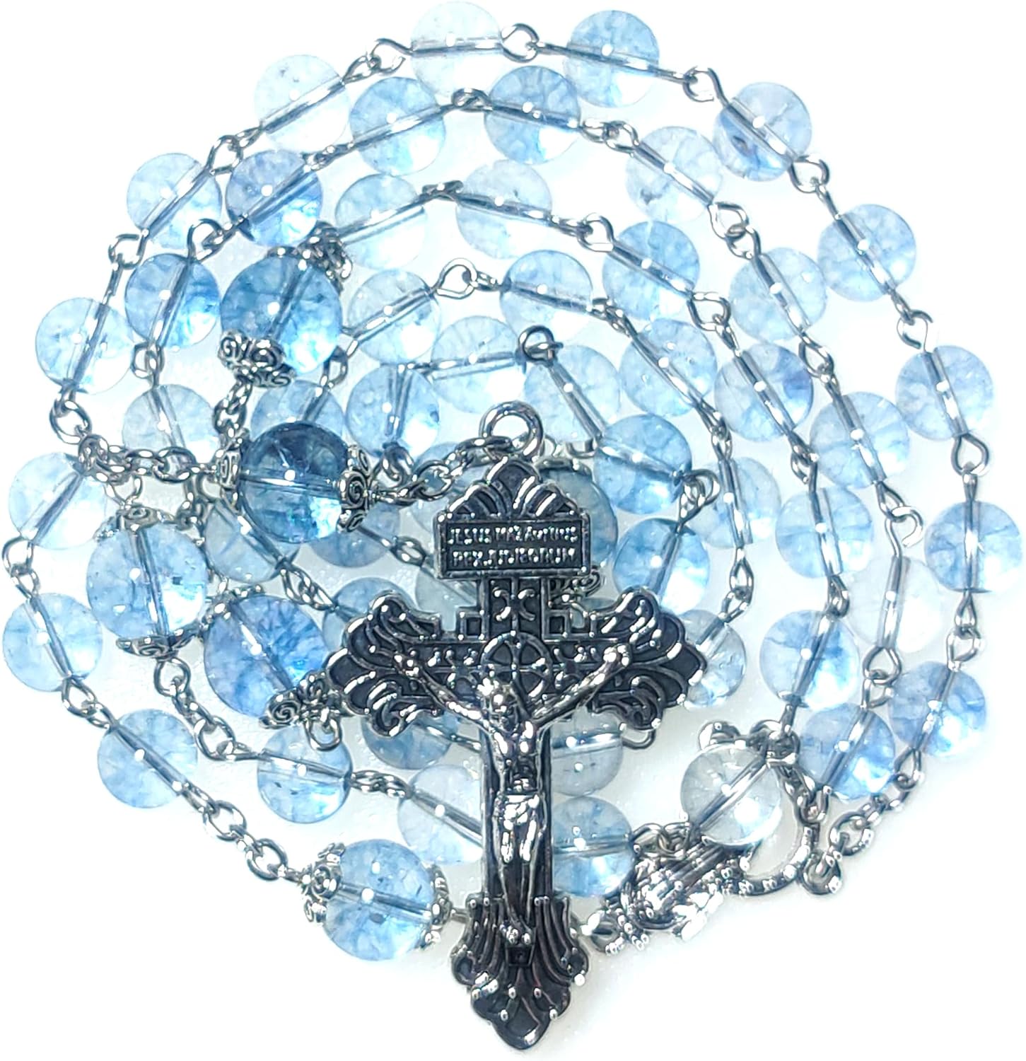 Rosary Beads Chaplet Natural Aquamarine Crystal Big Rosery Cross Catholic gifts