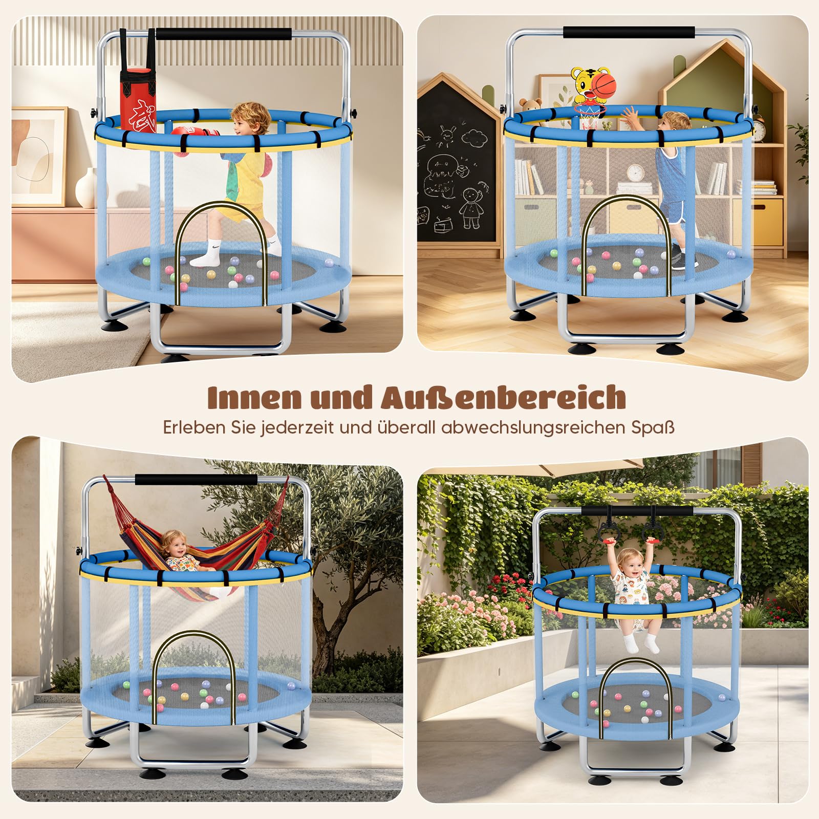 Trampolino per Bambini, Trampolino per Bambini da 150cm per Interni/Esterni, Barra da Ginnastica Regolabile, Capacità 250KG, Rete Protezione/Canestro da Basket/Amaca/Sacco Boxe