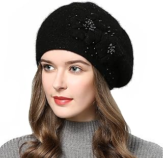 AICHUAN Women Winter Knit Beret Hat Rabbit Hair French Style Beret Classic Warm Casual Beanie Hat Black