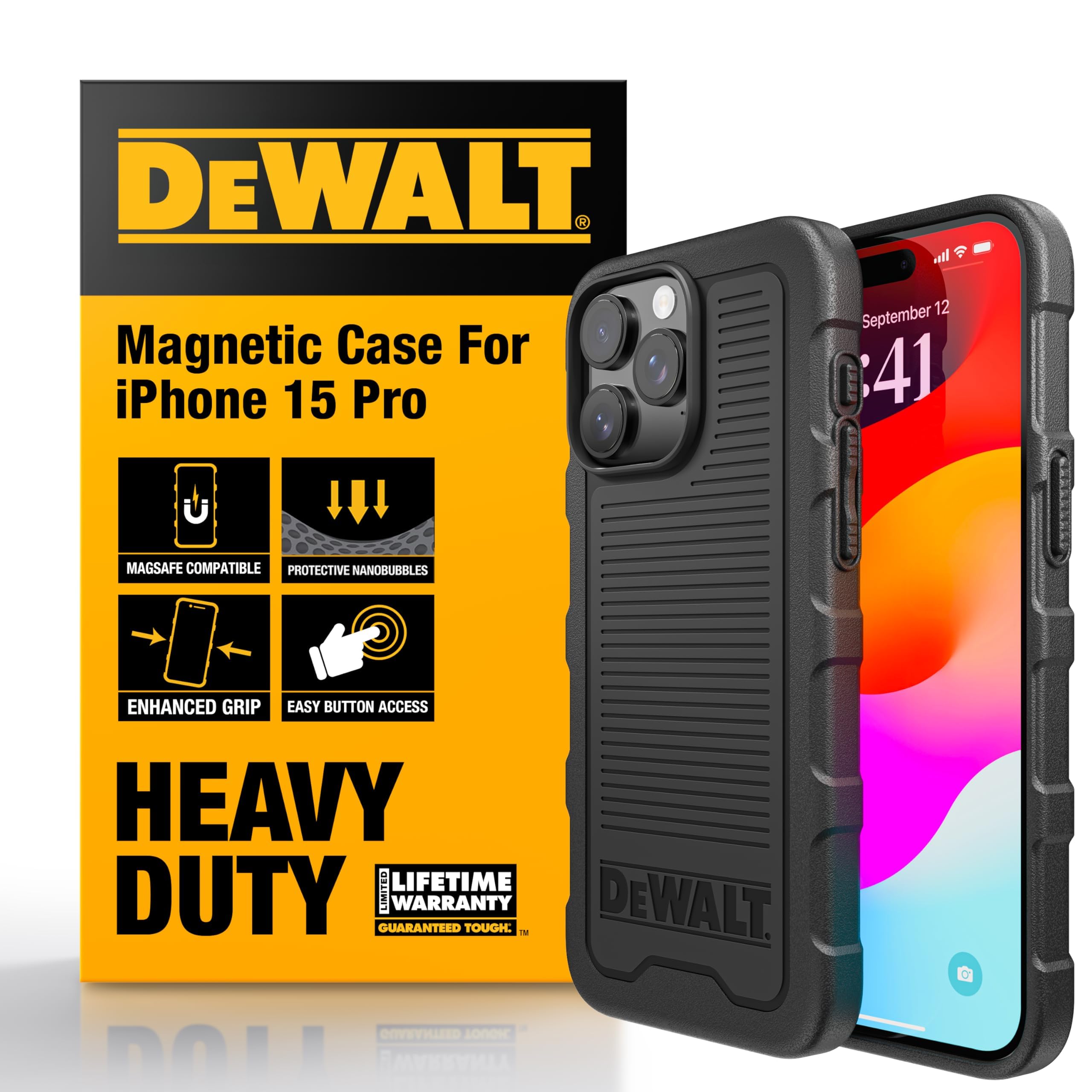 DEWALT Heavy Duty Custodia con Magnete Potente per iPhone 15 Pro Compatibile MagSafe, Cover Posteriore Protettiva Antiurto, Resistente alle Cadute, Slim Fit Shockproof, Nero Opaco