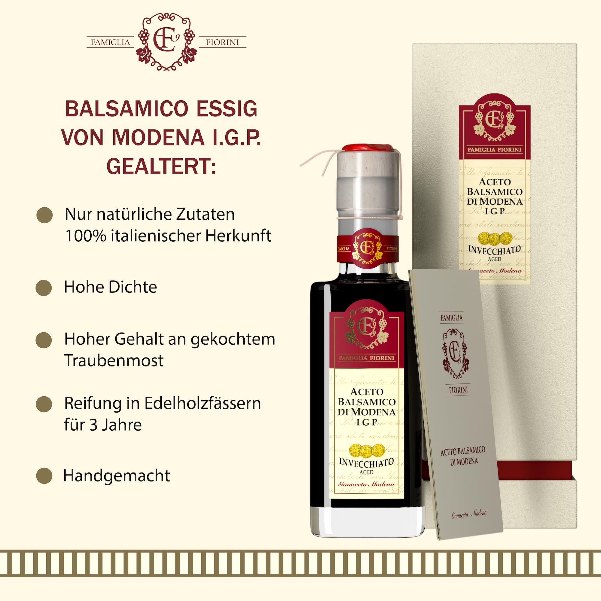 Famiglia Fiorini, In Eichenfässern gereifter Aceto Balsamico di Modena I.G.P., 3 Jahre gereift, Hergestellt aus 100% italienischen Trauben, Ideal zum Würzen von Salaten, Fisch und Fleisch, 250 ml.