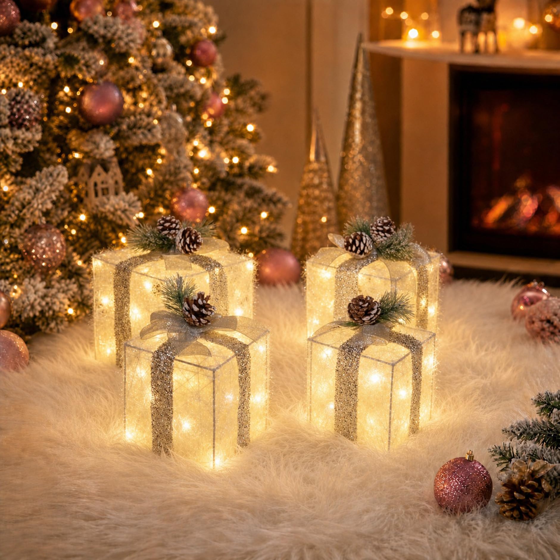 Set of 4 Christmas Lighted Gift Boxes, Battery Operated Xmas Decor | Cordless flexible placement, fuller 4-piece set, 75 bright LEDs, 6H auto timer, silver bow pinecone toppers, festive display