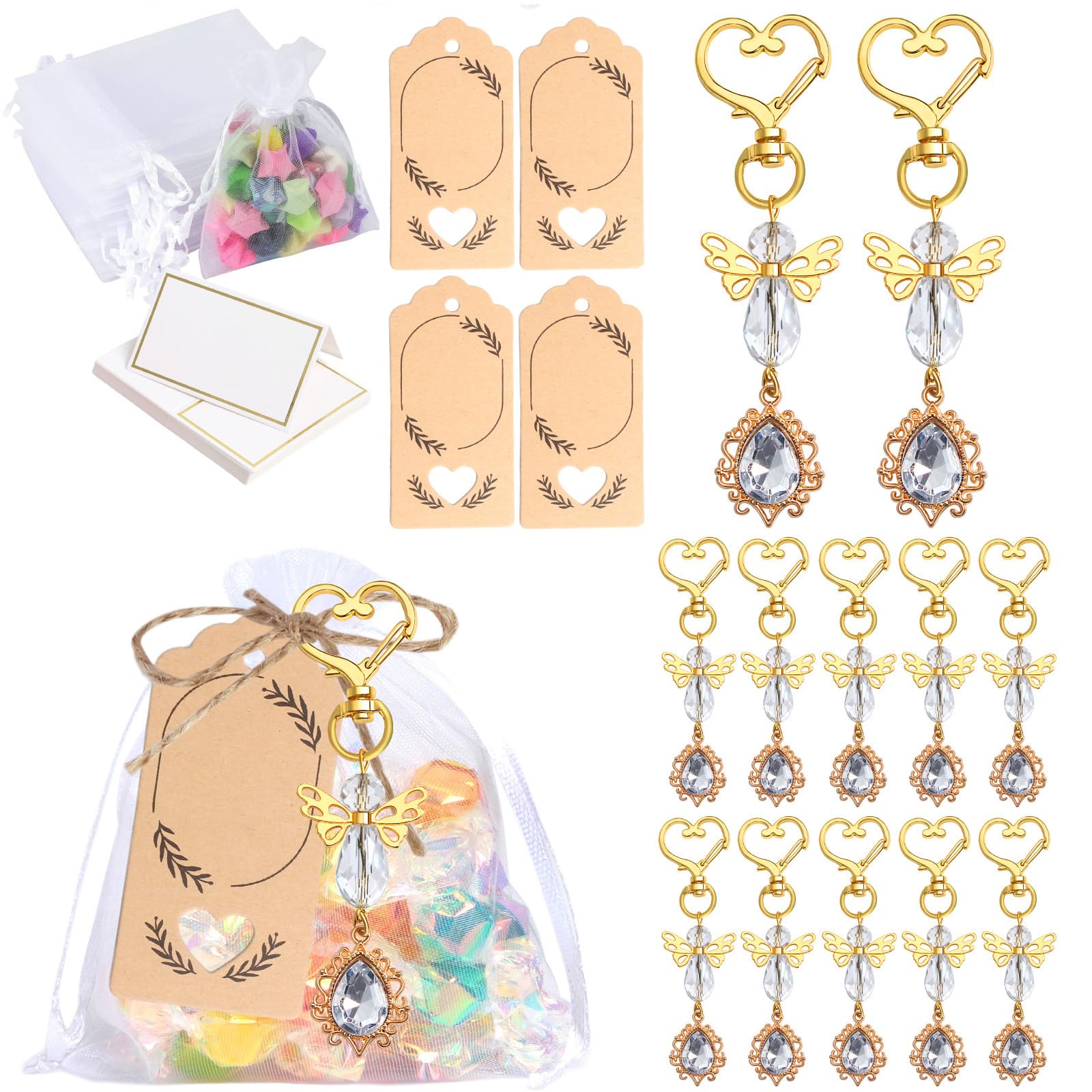 Buxuaaaa 30Pieces Angelic Wing Pendant Keychains for Baptisms and Wedding Supplie with Thank You Card and Drawstring Organza Bags Organza Bags
