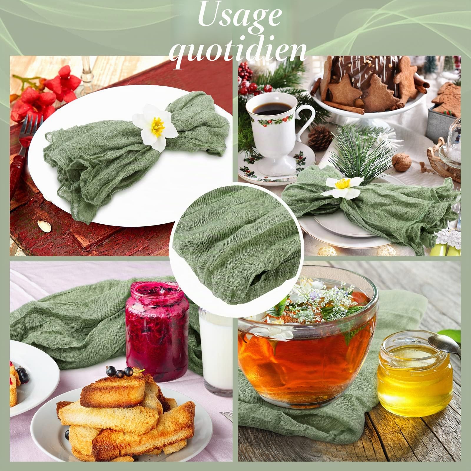 Lot de 100 Serviettes de Table en Gaze avec Motif ondulé pour décoration de Table de Maison, de Mariage - 50 x 50 cm (Vert Sauge)