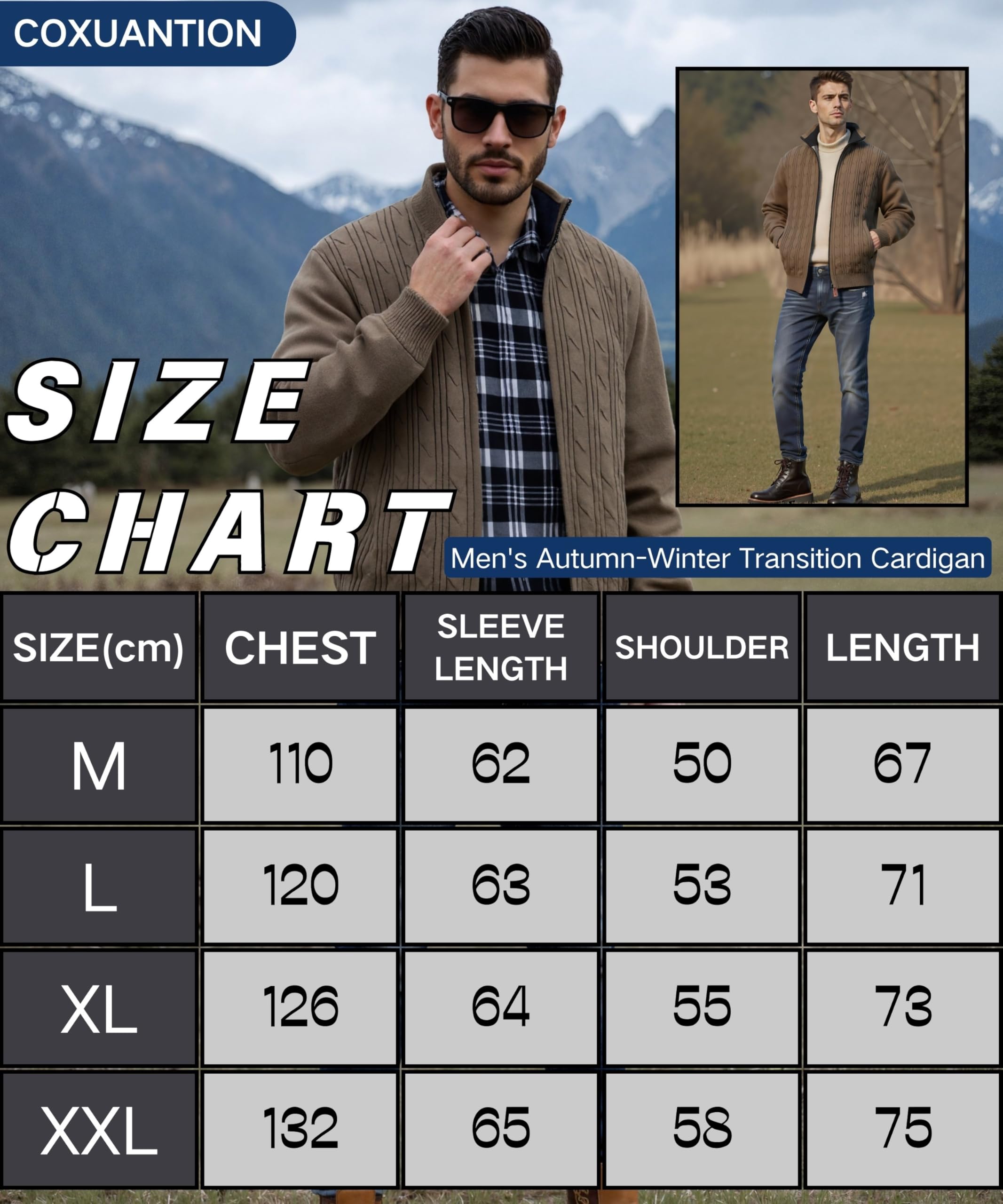 Cárdigan para Hombre Cuello Alto Cremallera Forro Polar Chaqueta Invierno Punto Fino