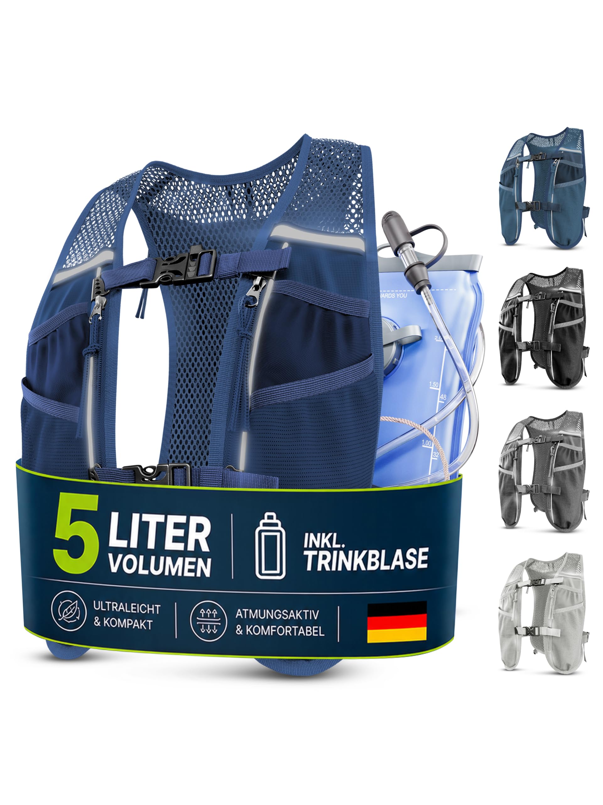 SASMO® Laufweste Damen & Herren 5L / 2L | Running Vest - Ultraleicht & atmungsaktiv| Laufrucksack Damen - 8 Taschen | Laufweste Herren | Trinkweste Laufen