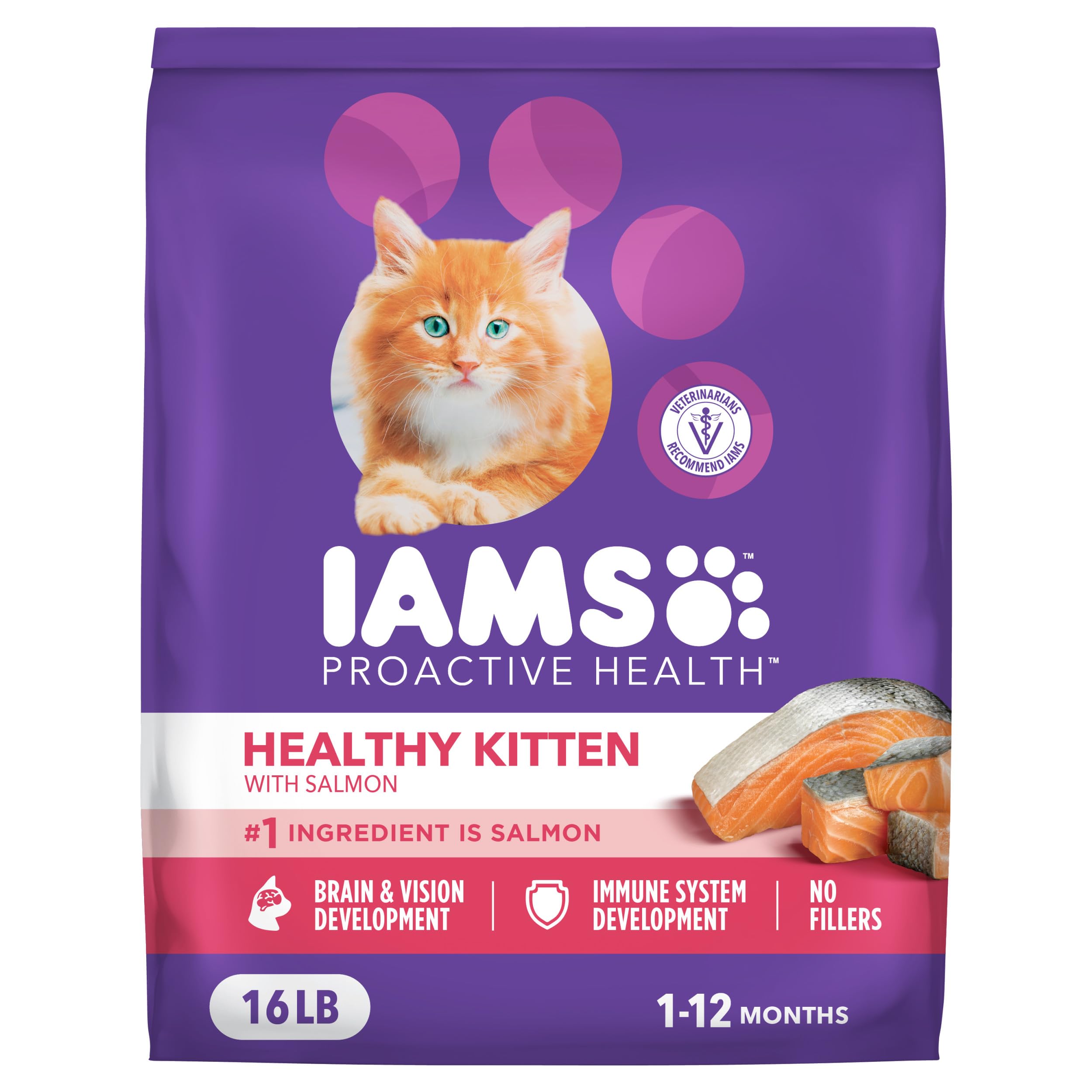 IAMS Proactive Health Healthy Kitten Dry Cat Food, Salmon, 16 lb | Salmon #1 ingredient, DHA omega-3 for brain development, prebiotics &amp; beet pulp, Vitamin E immune support