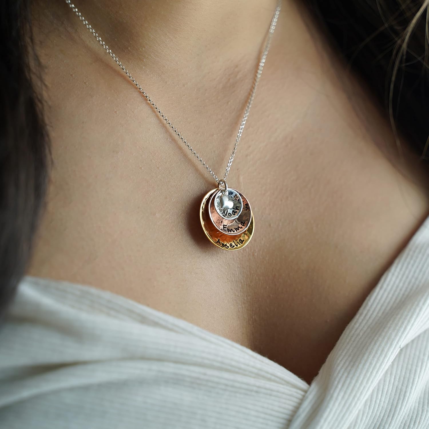 My Three Treasures Personalized Charm Necklace with 925 silver, Gold and Rose Gold Plated discs. Customized with any Words or Names of your choice. Gifts for Her, Mother, Grandmother, Wife - Image 2