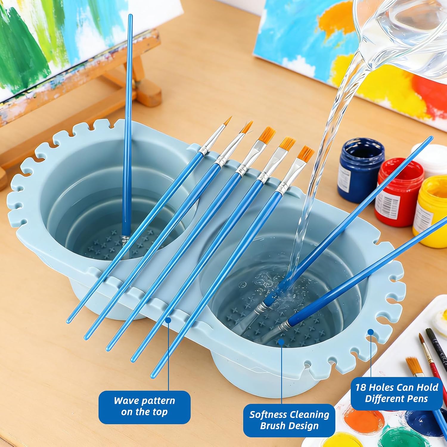Paint Brush Cleaner Cup, 8.8x4.2 in Blue Foldable Silicone Brush Cleaning Rinse Cup with Dual Cleaning Compartments & Brush Holder, Portable Artist Students Travel Supplies for Acrylics, Watercolors