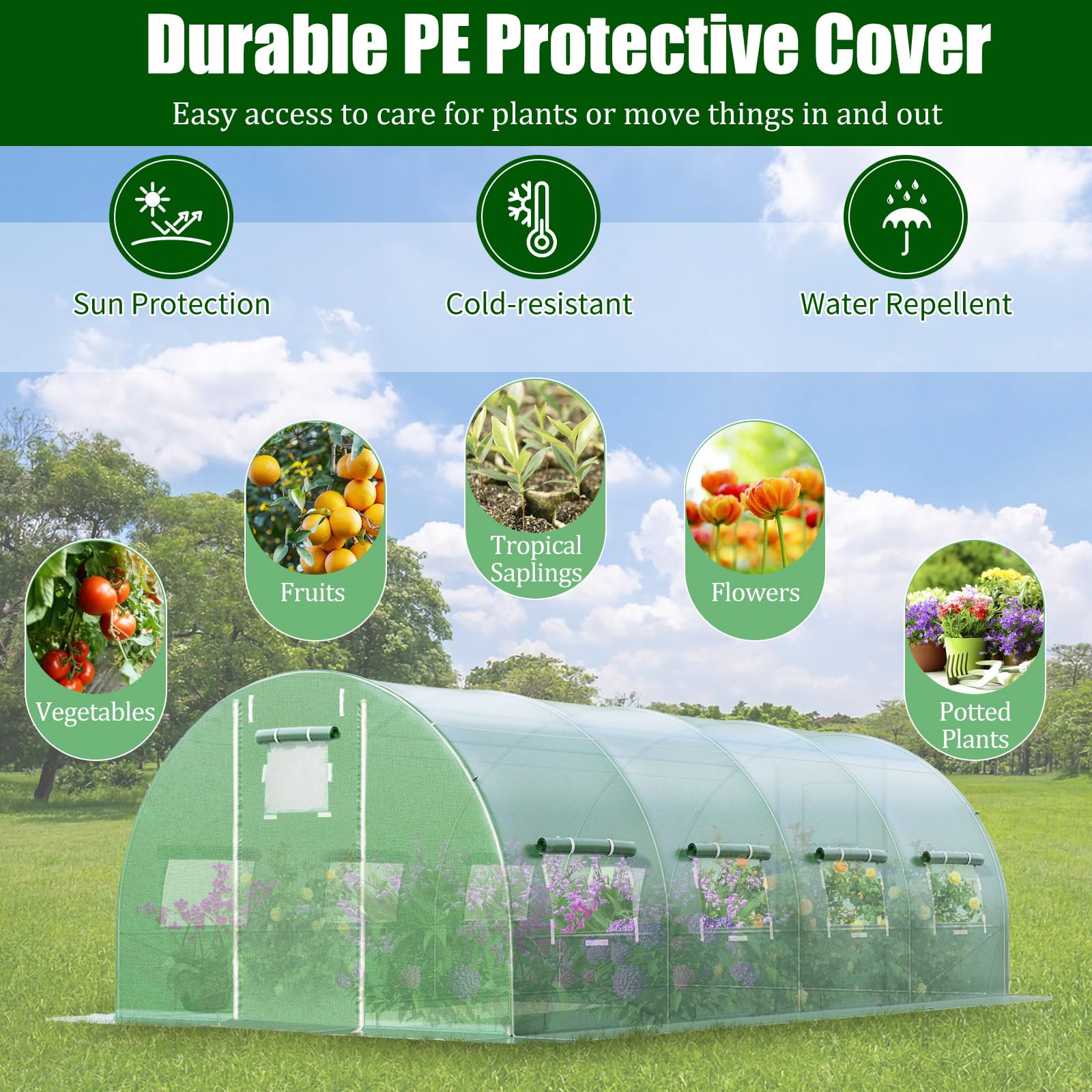 HOMASIS Invernadero, invernadero con ventanas y puerta enrollable, túnel de metal y polietileno, invernadero para tomates, casa de cultivo, para jardín, verde (verde, 6 x 3 x 2 m)